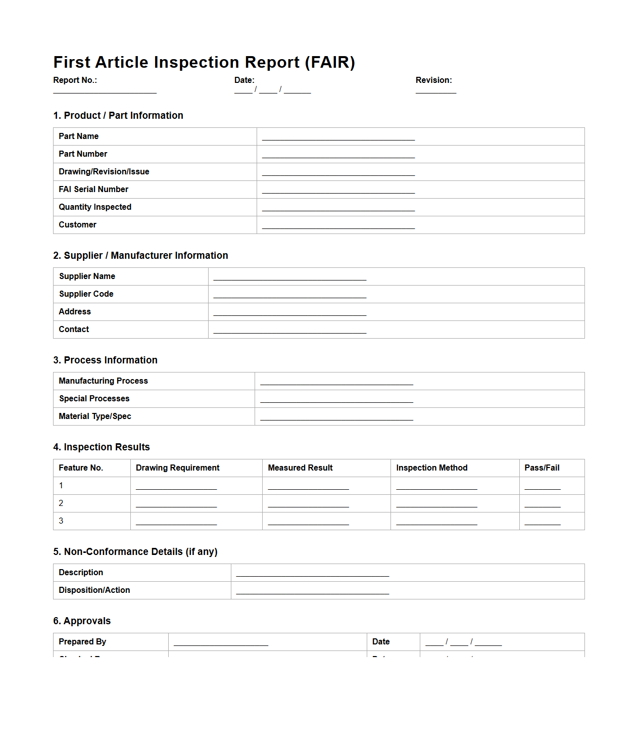 First Article Inspection Report Template for Aerospace Components