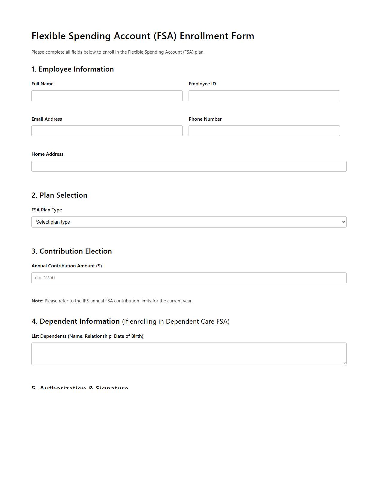 Flexible Spending Account (FSA) Enrollment Document Example