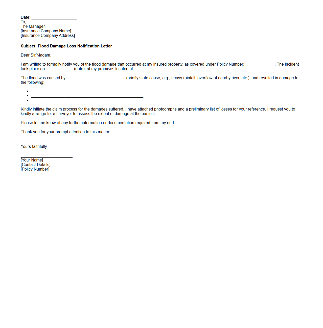 Flood Damage Loss Notification Letter Example