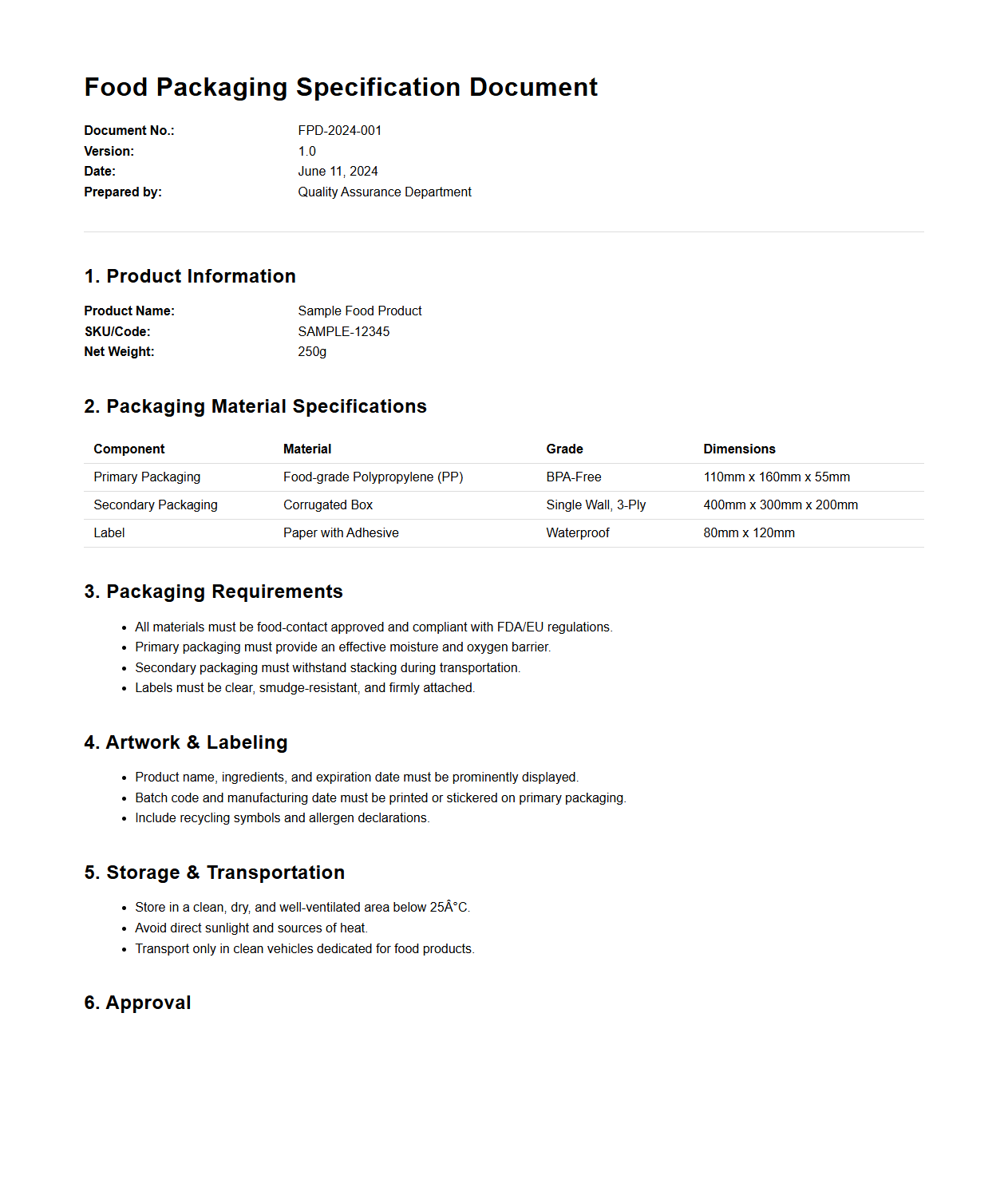 Food Packaging Specification Document Sample