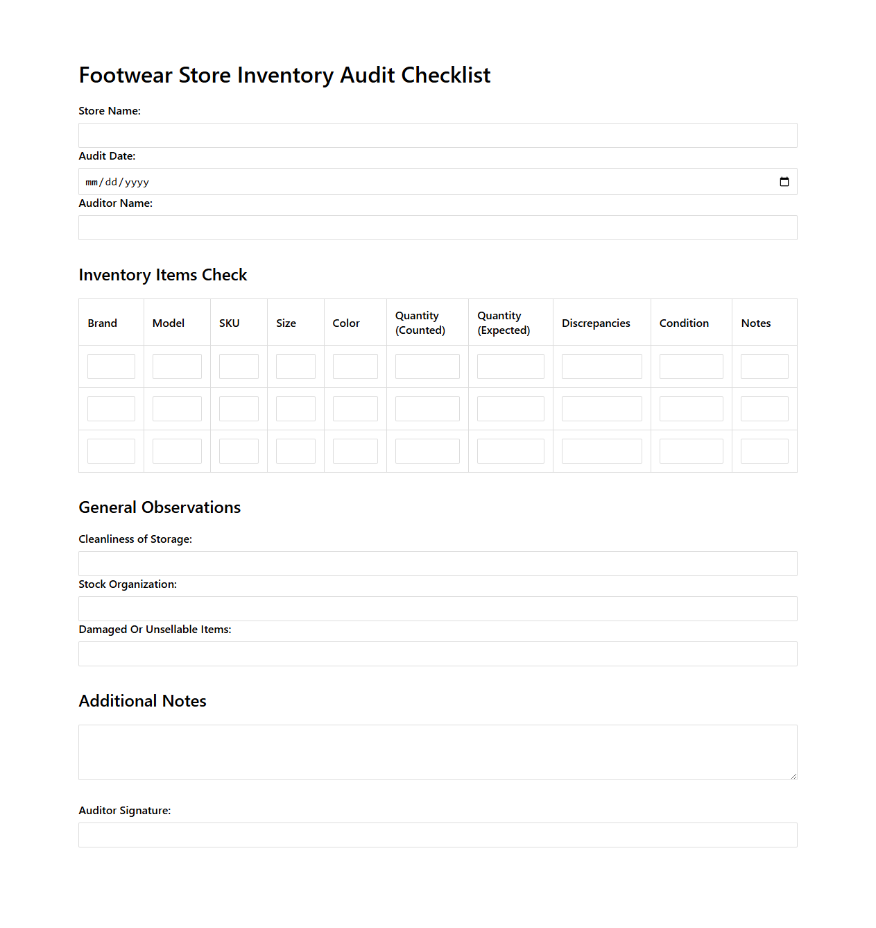 Footwear Store Inventory Audit Checklist