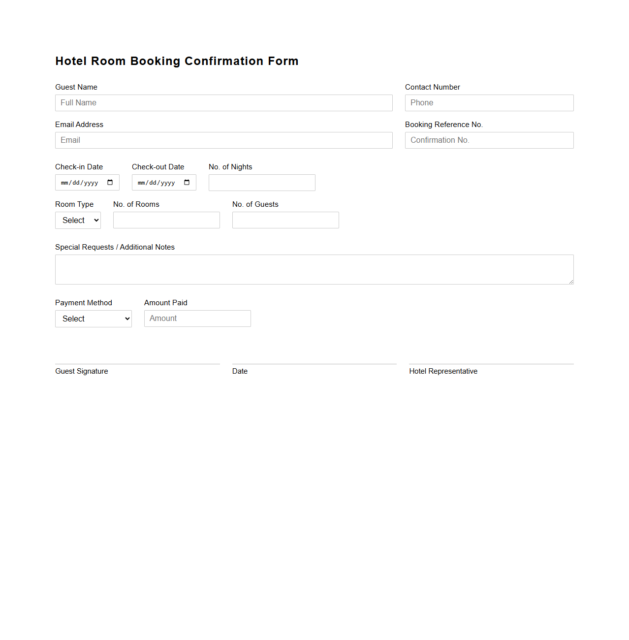 Formal Hotel Room Booking Confirmation Form