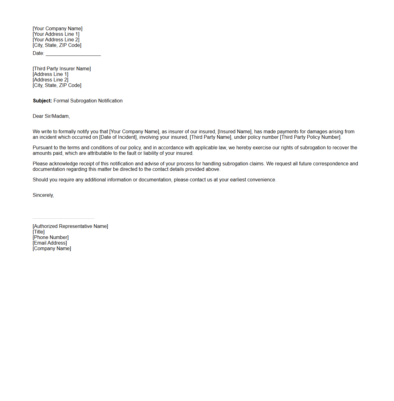 Formal Subrogation Notification to Third Party Insurer