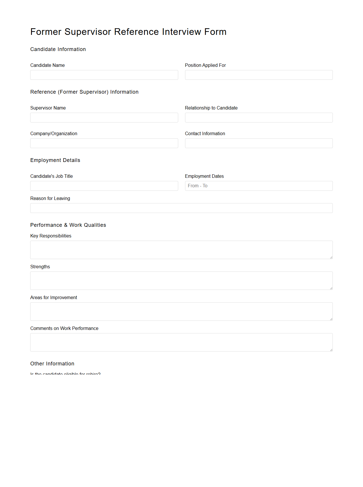 Former Supervisor Reference Interview Form Sample