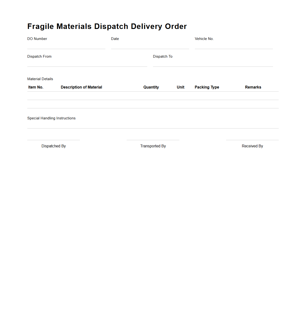 Fragile Materials Dispatch Delivery Order Example