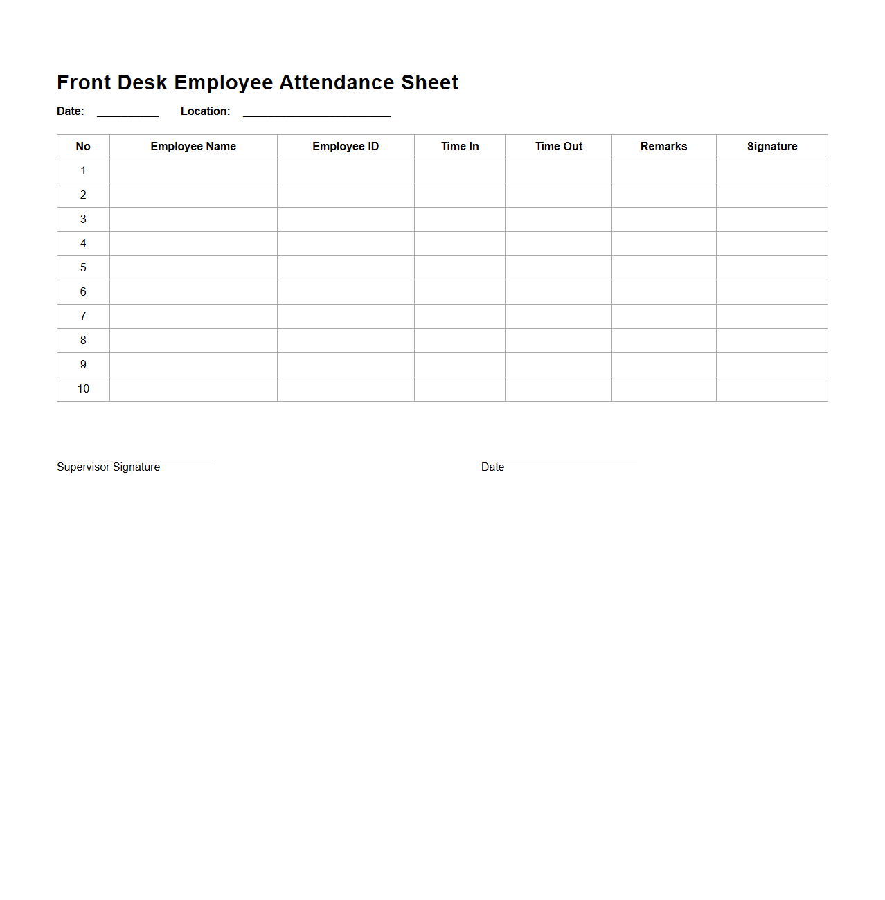 Front Desk Employee Attendance Sheet