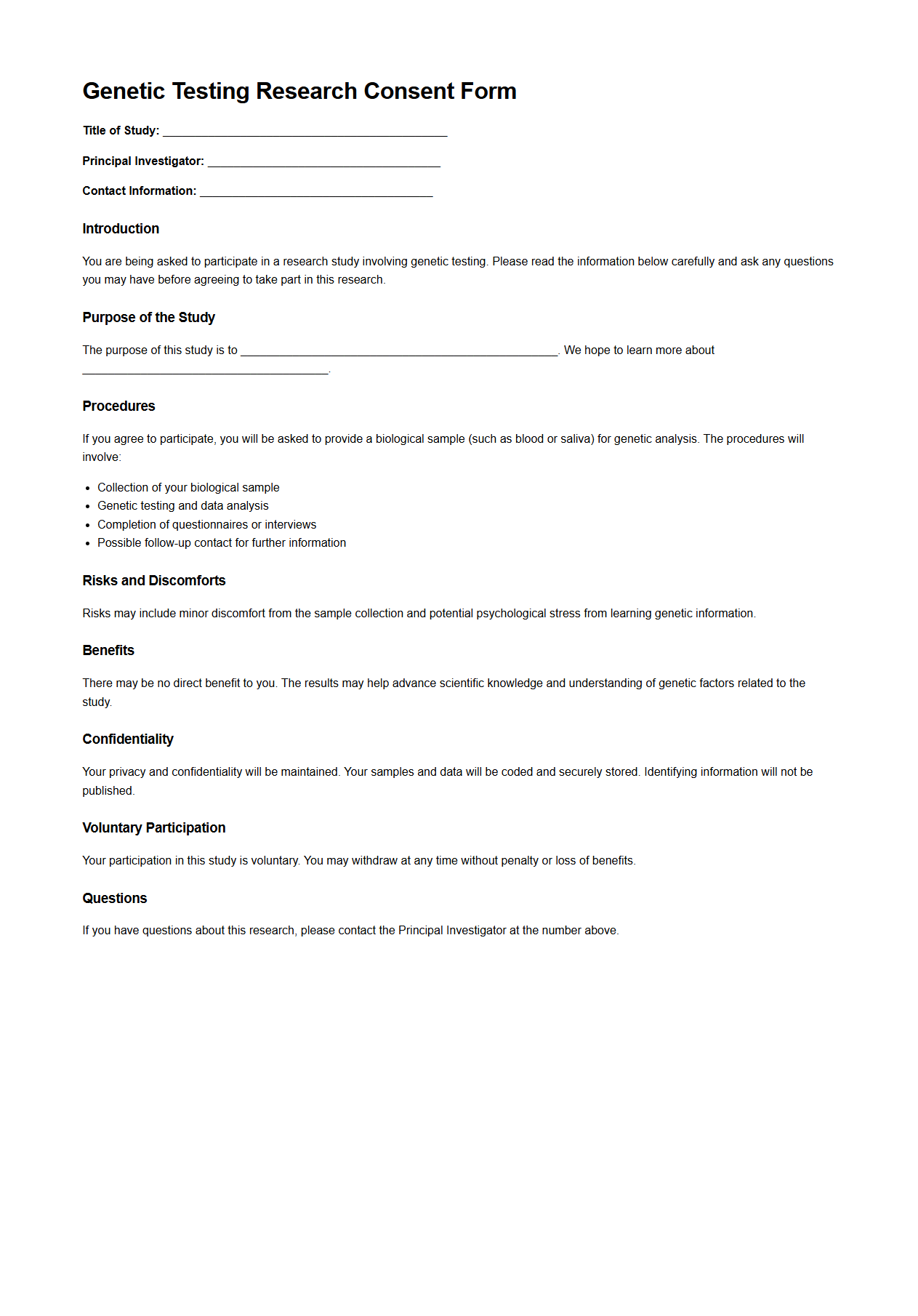 Genetic Testing Research Consent Form Example