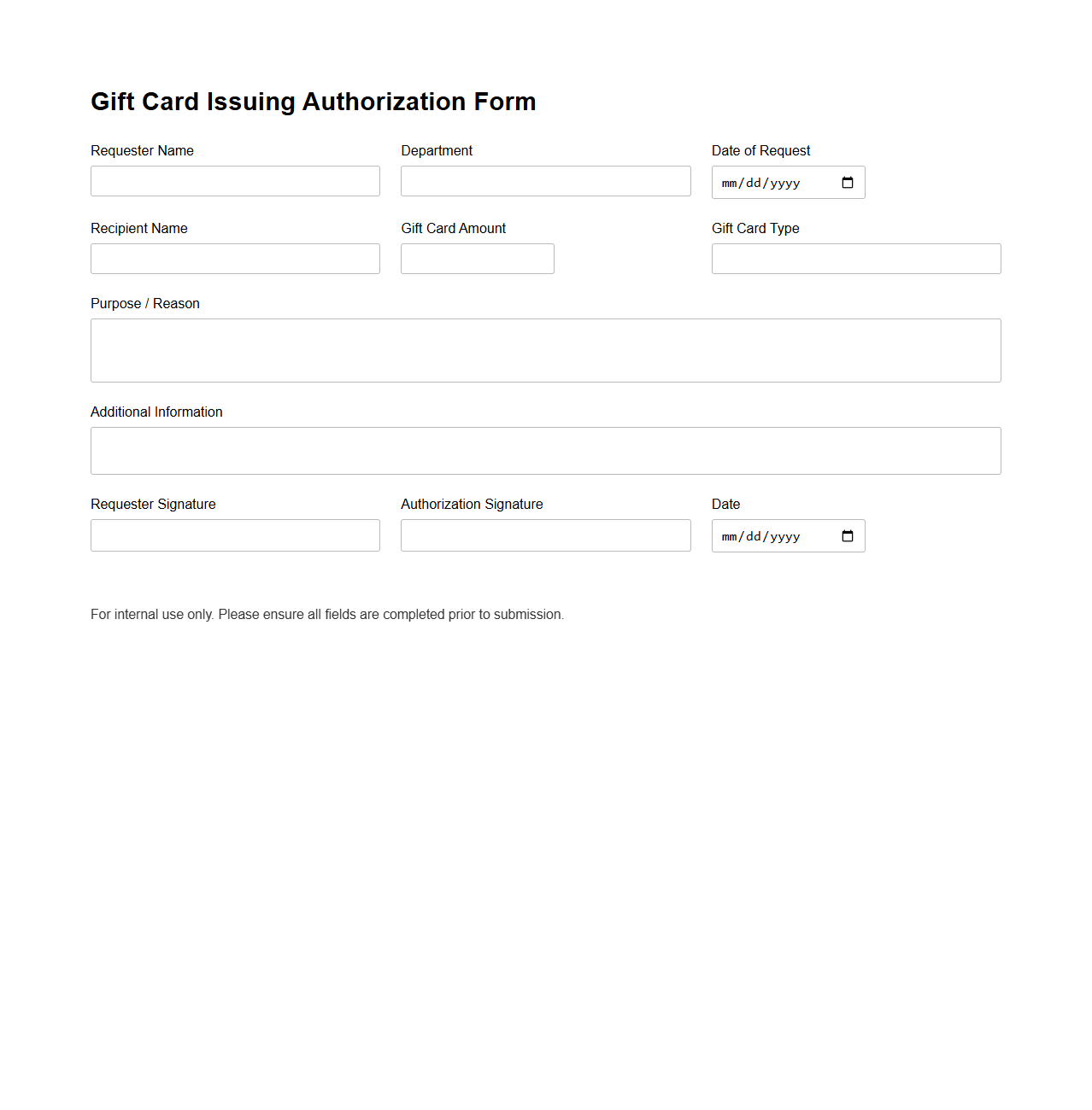Gift Card Issuing Authorization Form