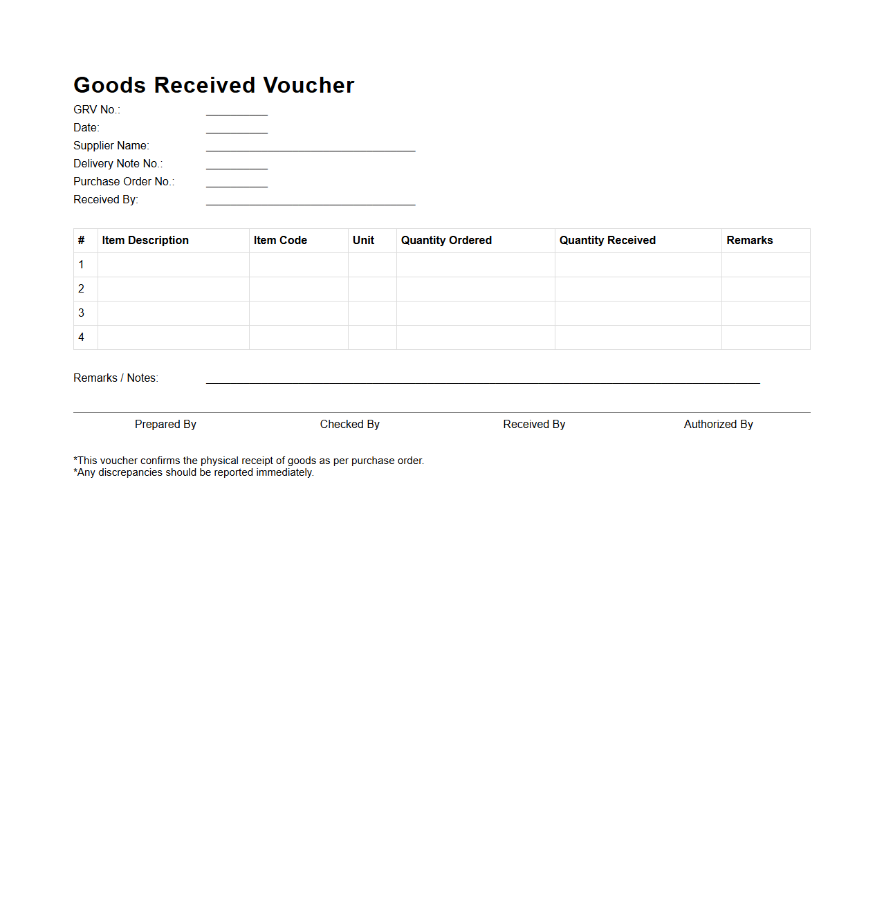 Goods Received Voucher Sample for Supply Chain