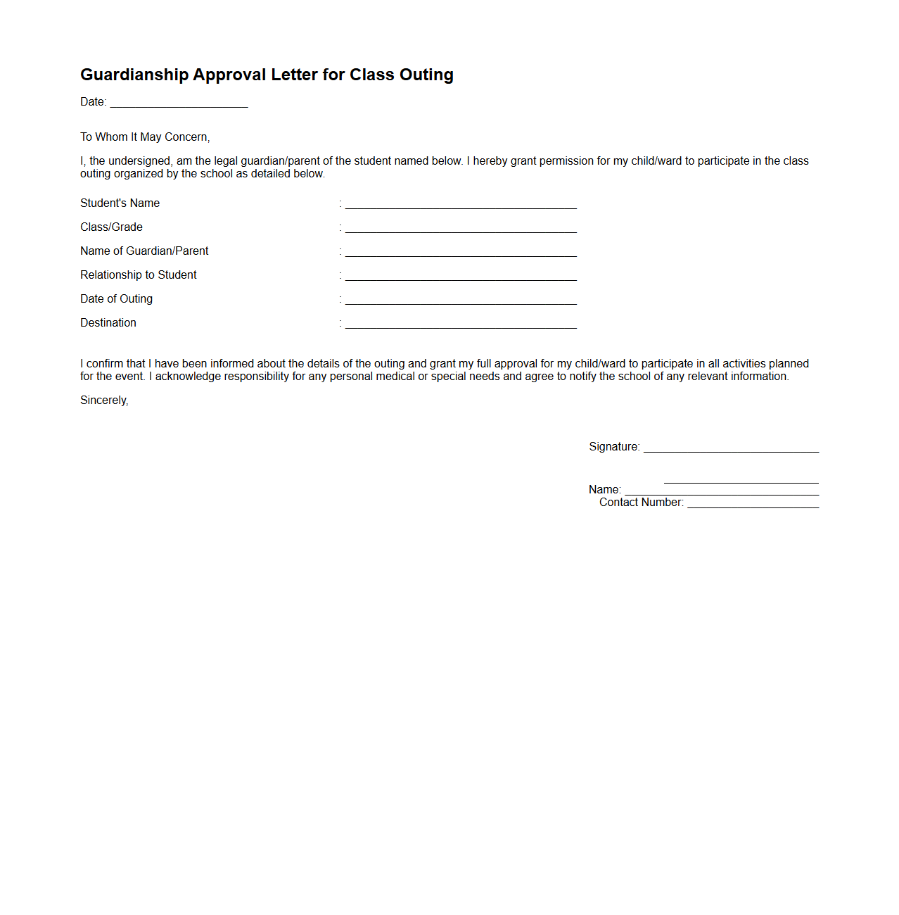 Guardianship Approval Letter for Class Outing