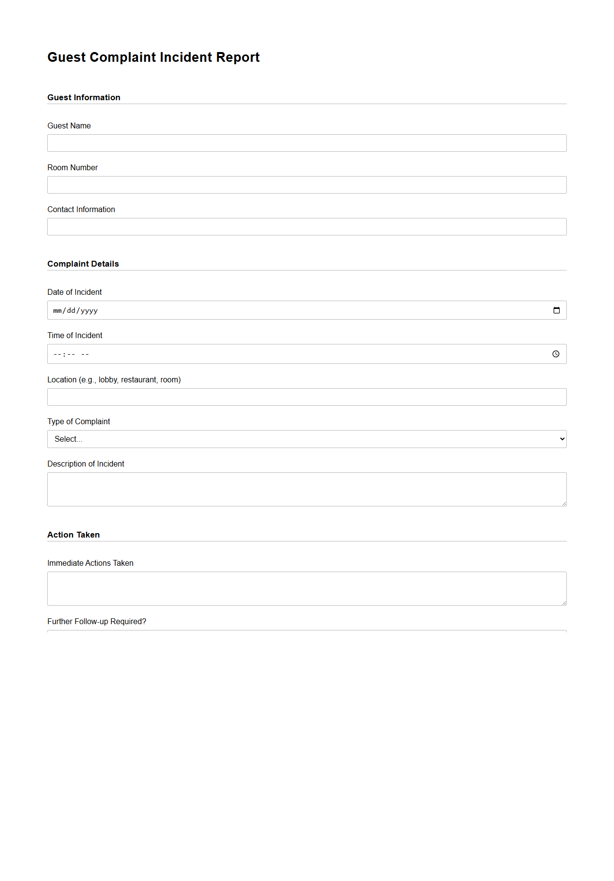 Guest Complaint Incident Report Example for Hospitality Operations