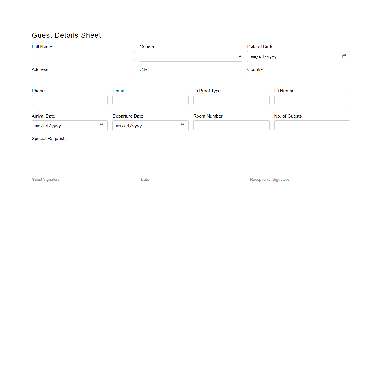 Guest Details Sheet for Hotel Registration