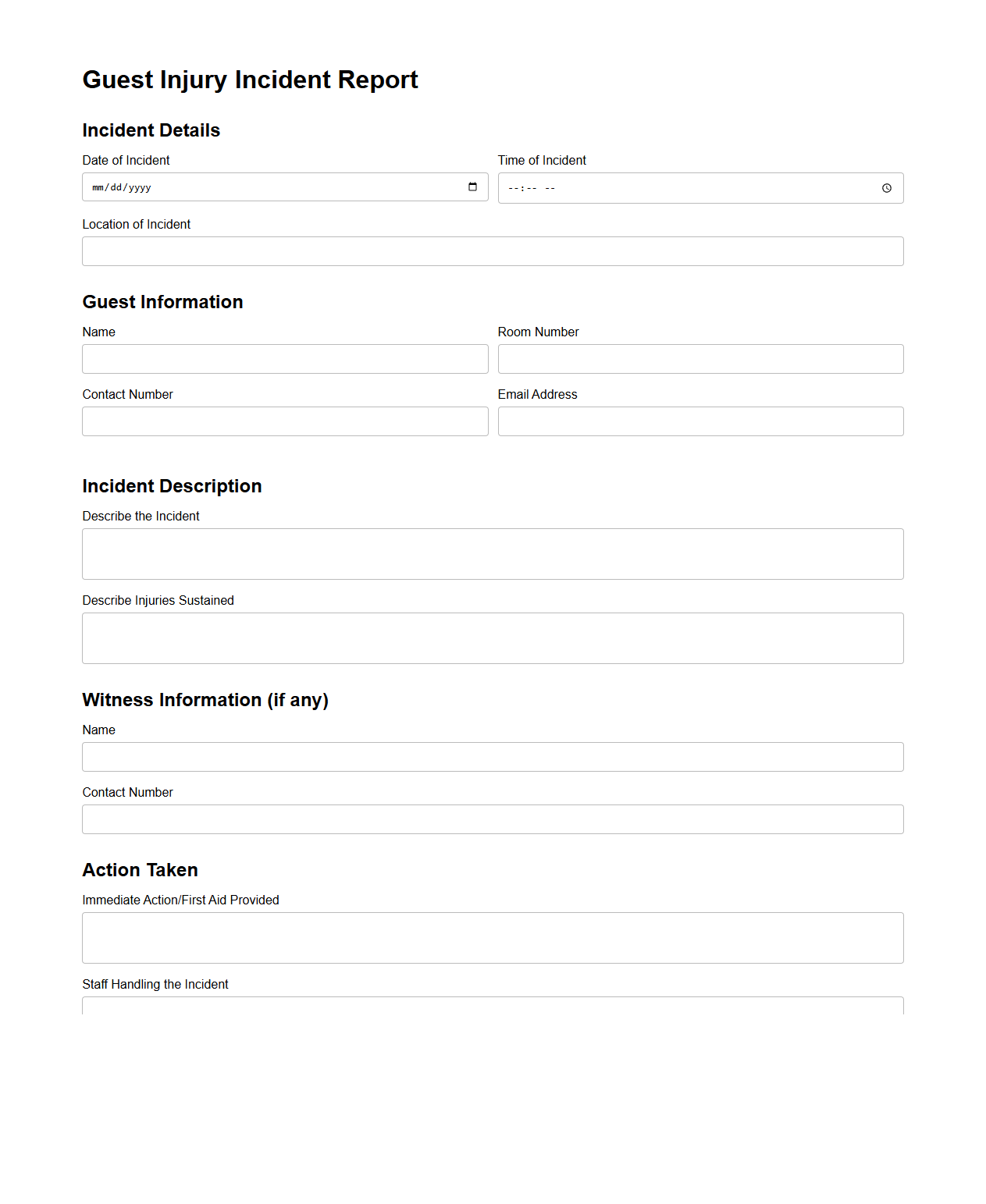 Guest Injury Incident Report for Hotel Operations