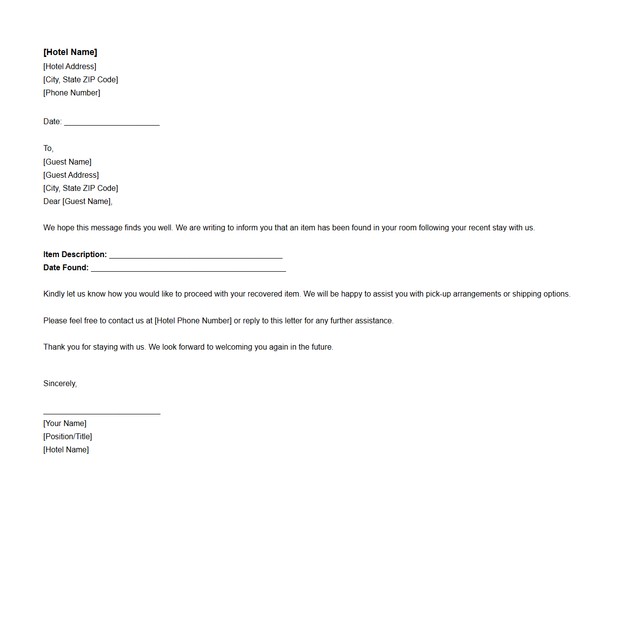 Guest Notification Letter for Recovered Items