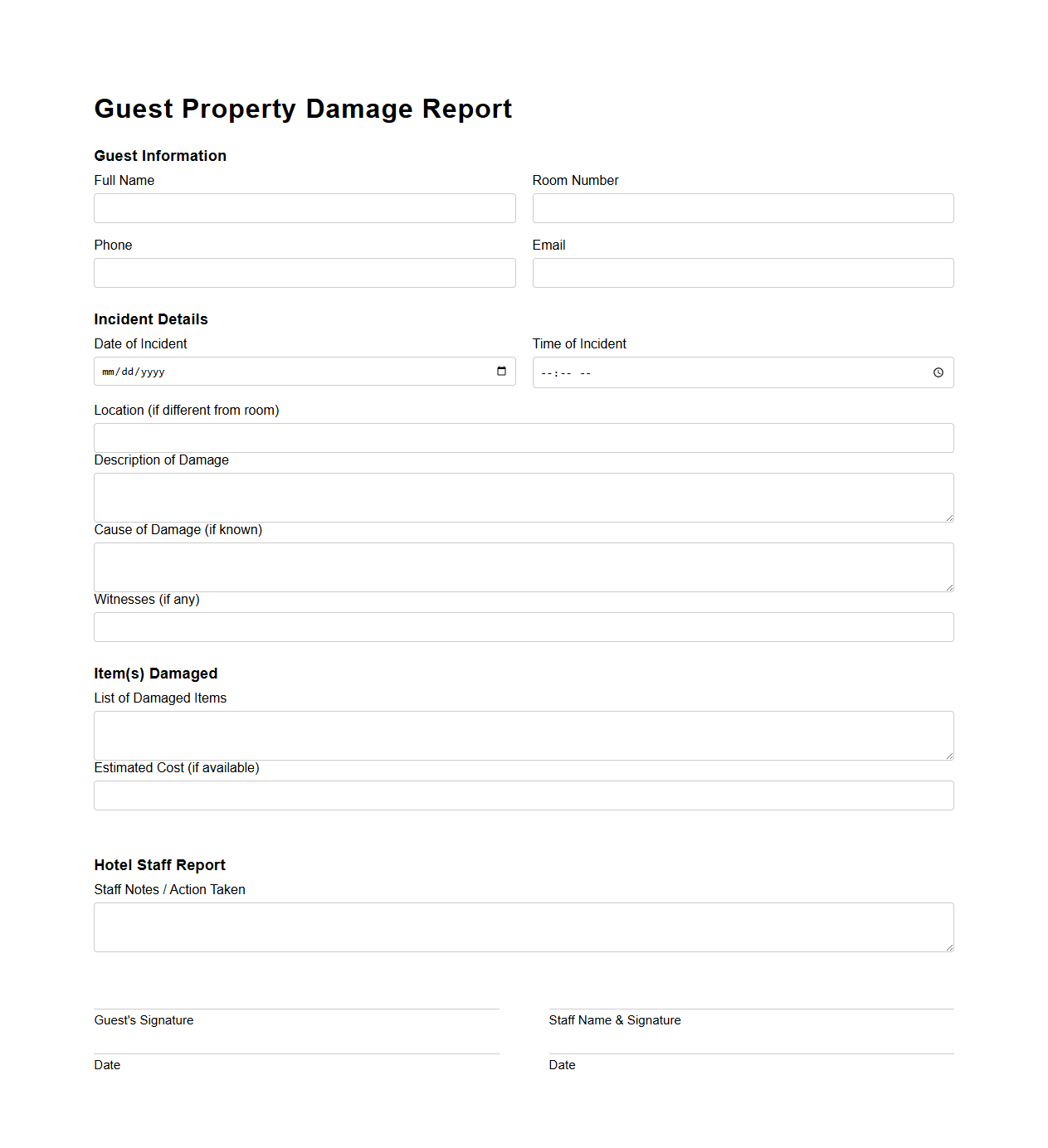 Guest Property Damage Report Template for Hotels