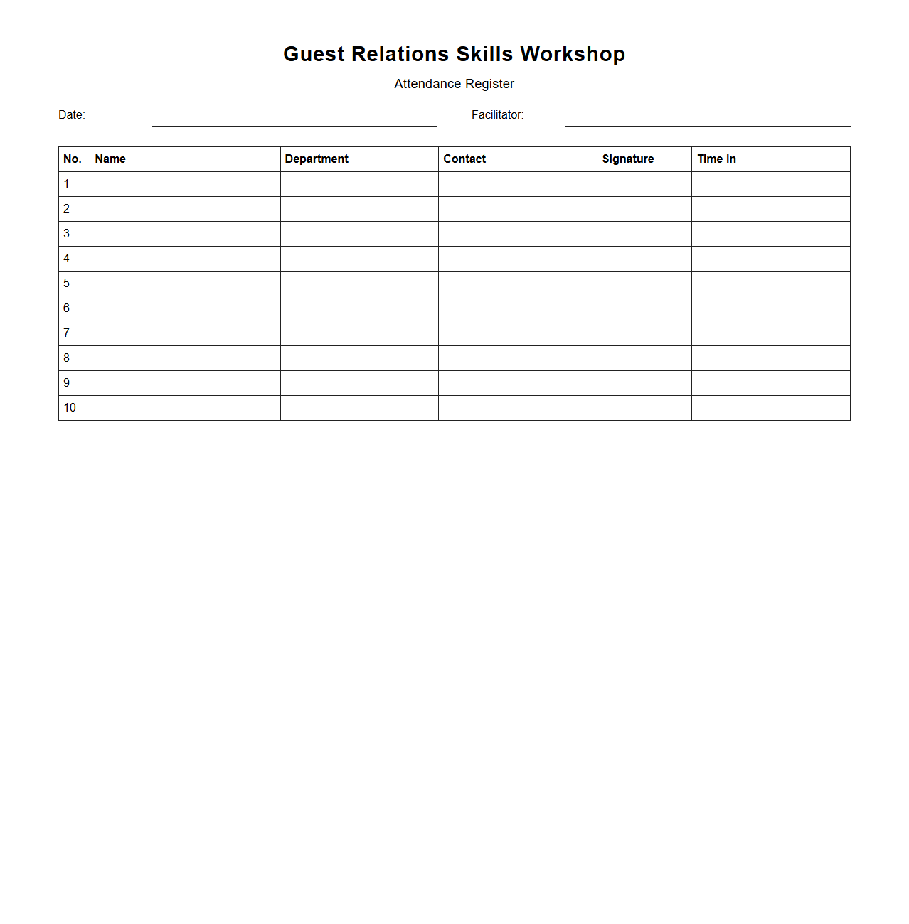 Guest Relations Skills Workshop Attendance Register