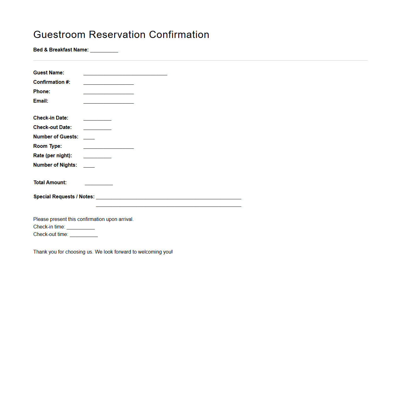 Guestroom Reservation Confirmation for Bed and Breakfast