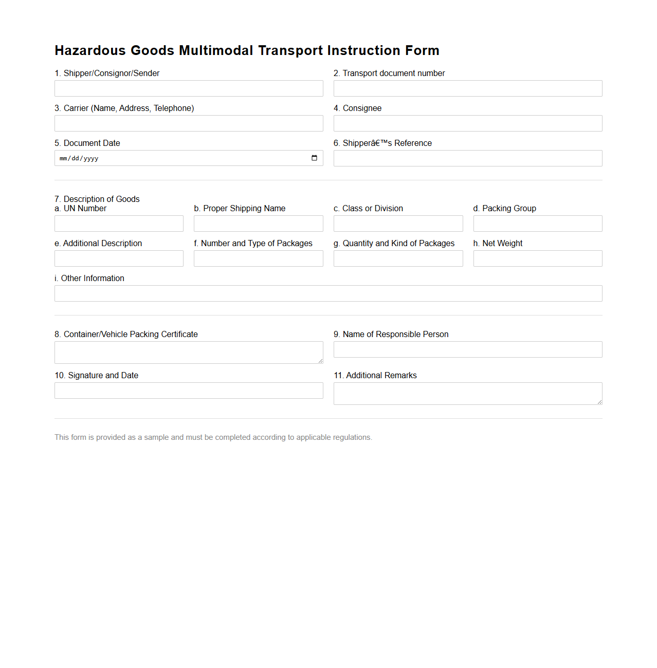 Hazardous Goods Multimodal Transport Instruction Form