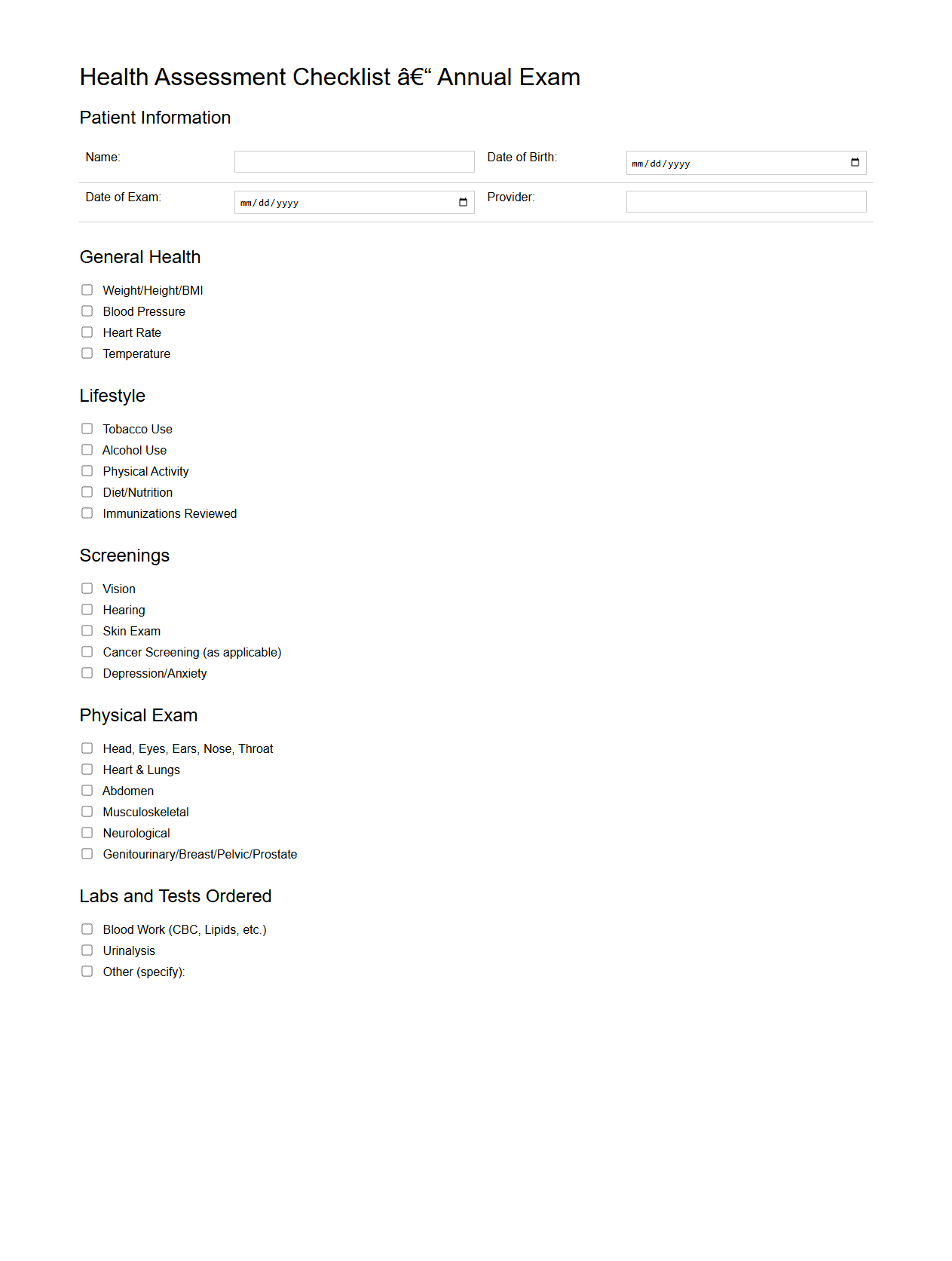 Health Assessment Checklist for Annual Exams