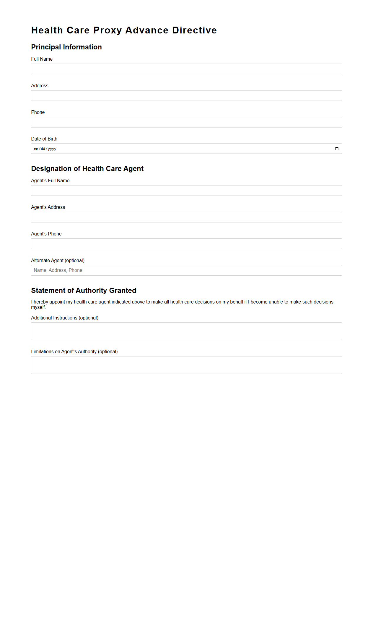 Health Care Proxy Advance Directive Format