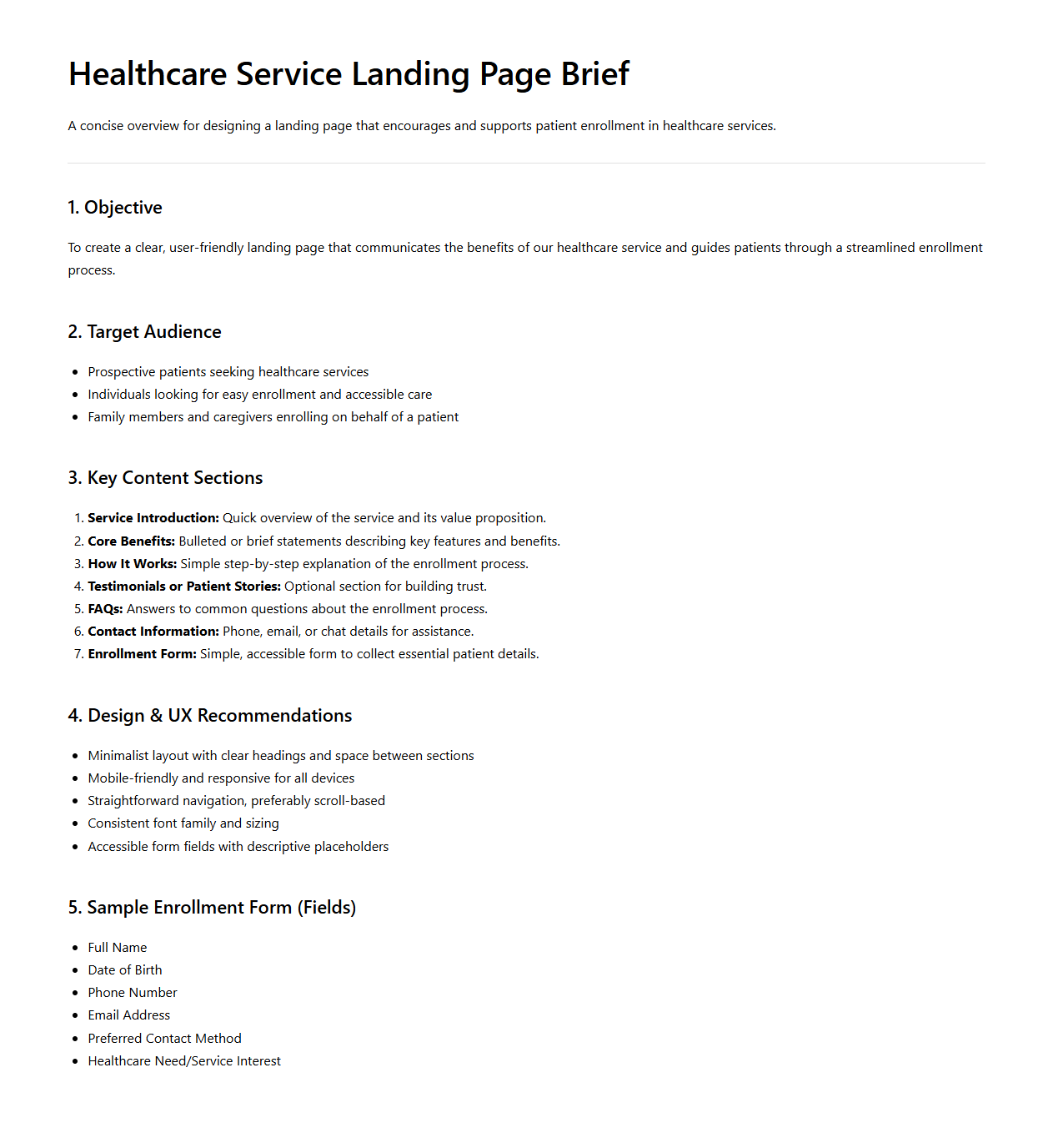 Healthcare Service Landing Page Brief for Patient Enrollment
