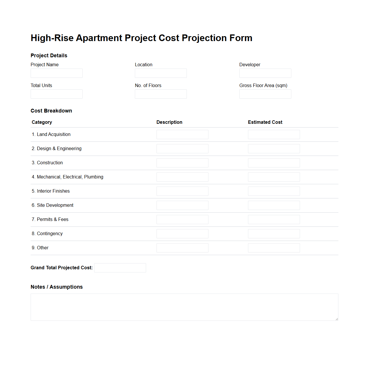 High-Rise Apartment Project Cost Projection Form