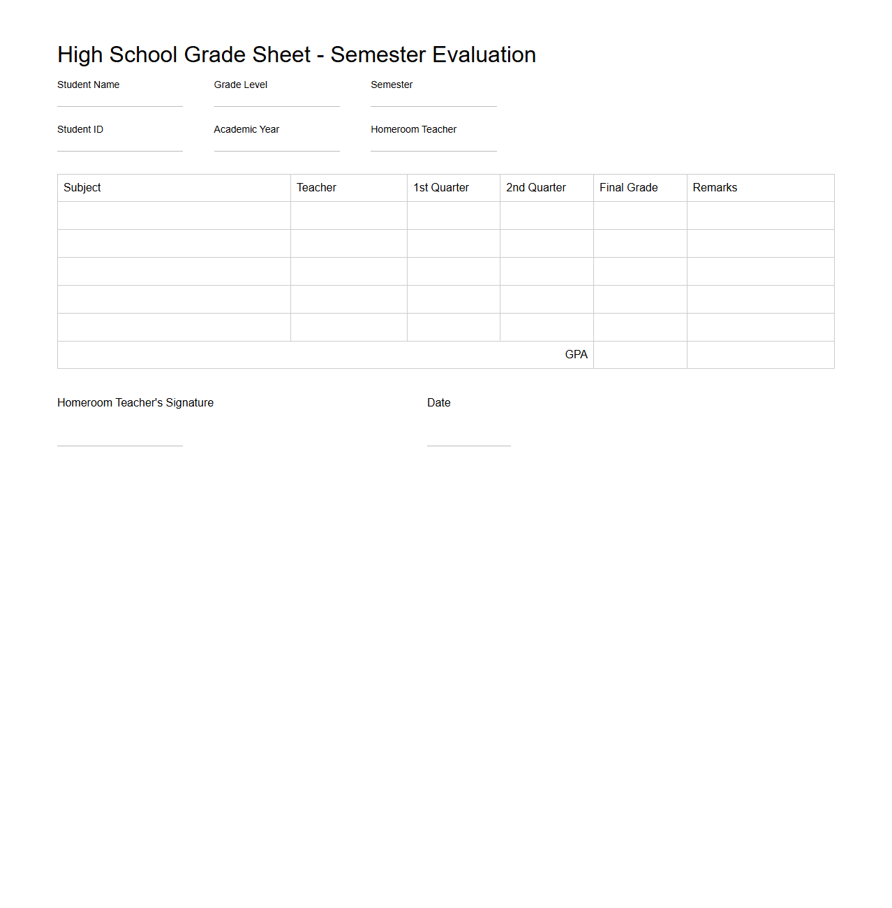 High School Grade Sheet Template for Semester Evaluation