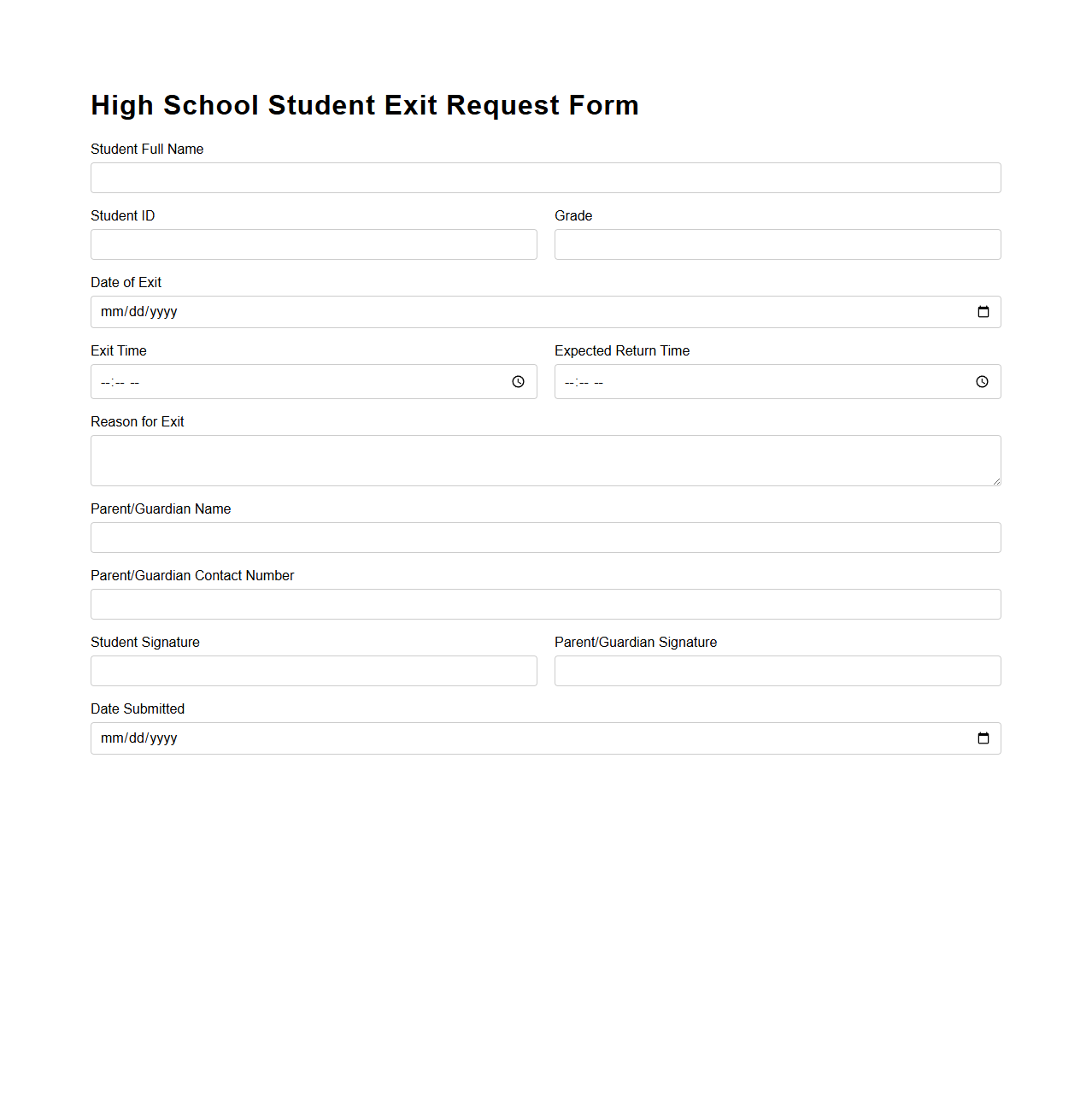 High School Student Exit Request Form