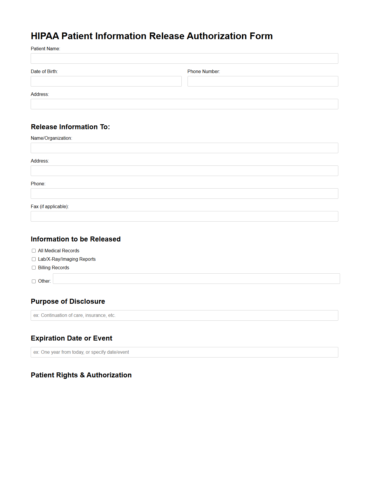 HIPAA Patient Information Release Authorization Form