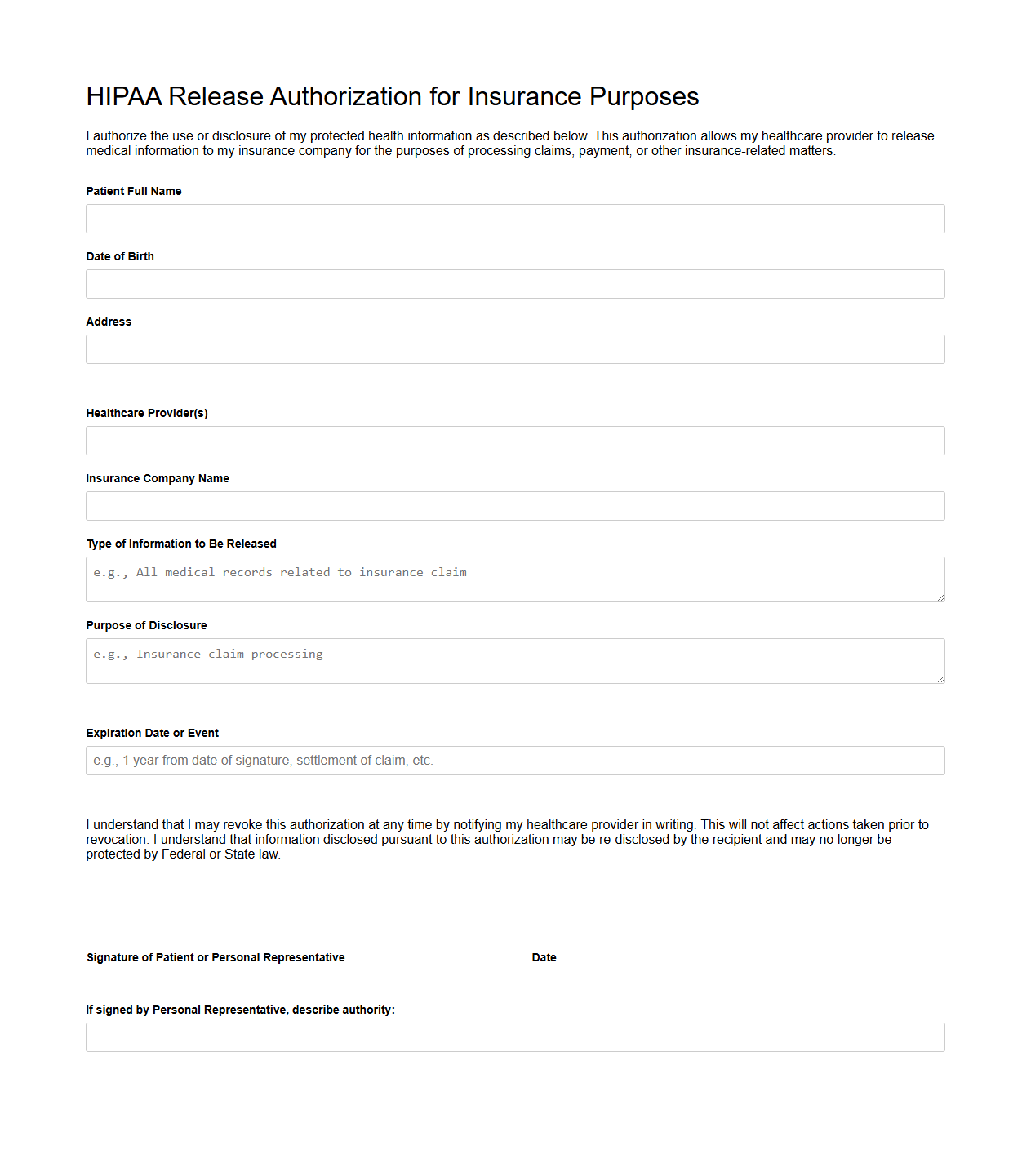 HIPAA Release Authorization for Insurance Purposes