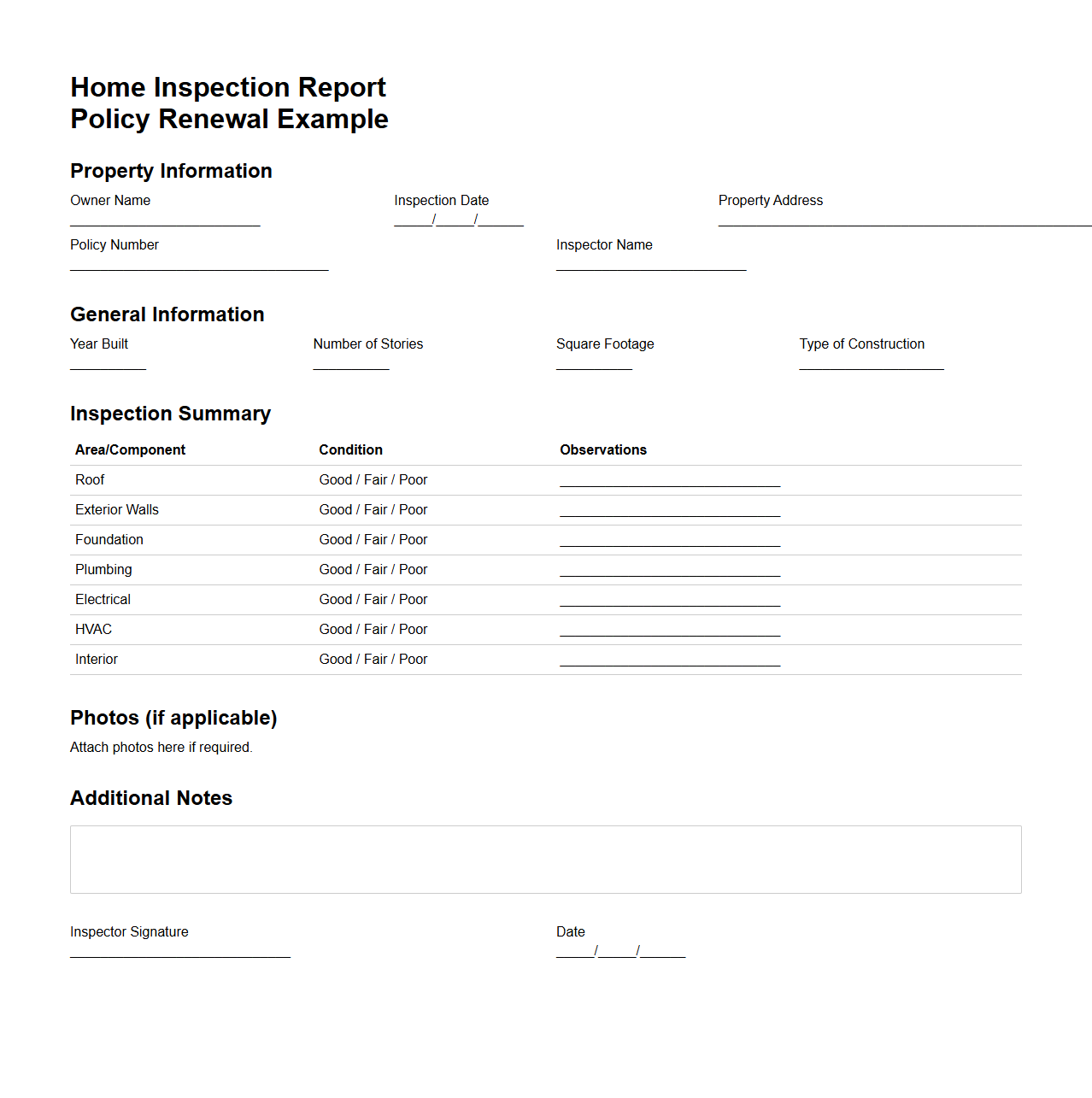 Home Inspection Report Example for Policy Renewal