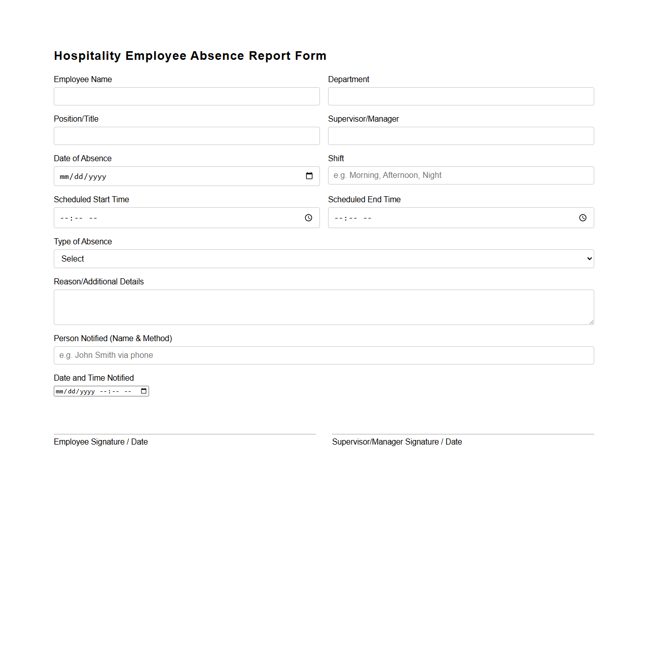 Hospitality Employee Absence Report Form