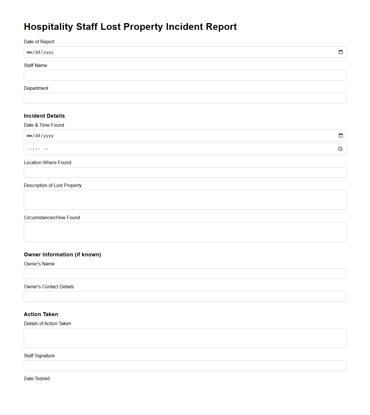 Hospitality Staff Lost Property Incident Report