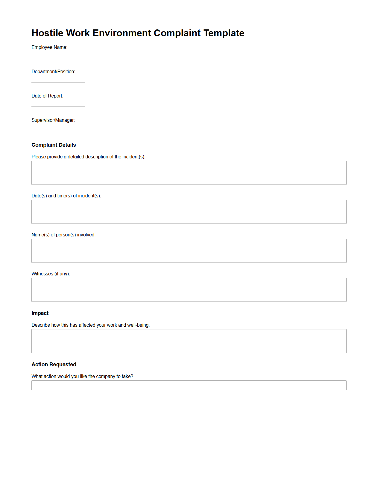 Hostile Work Environment Complaint Template