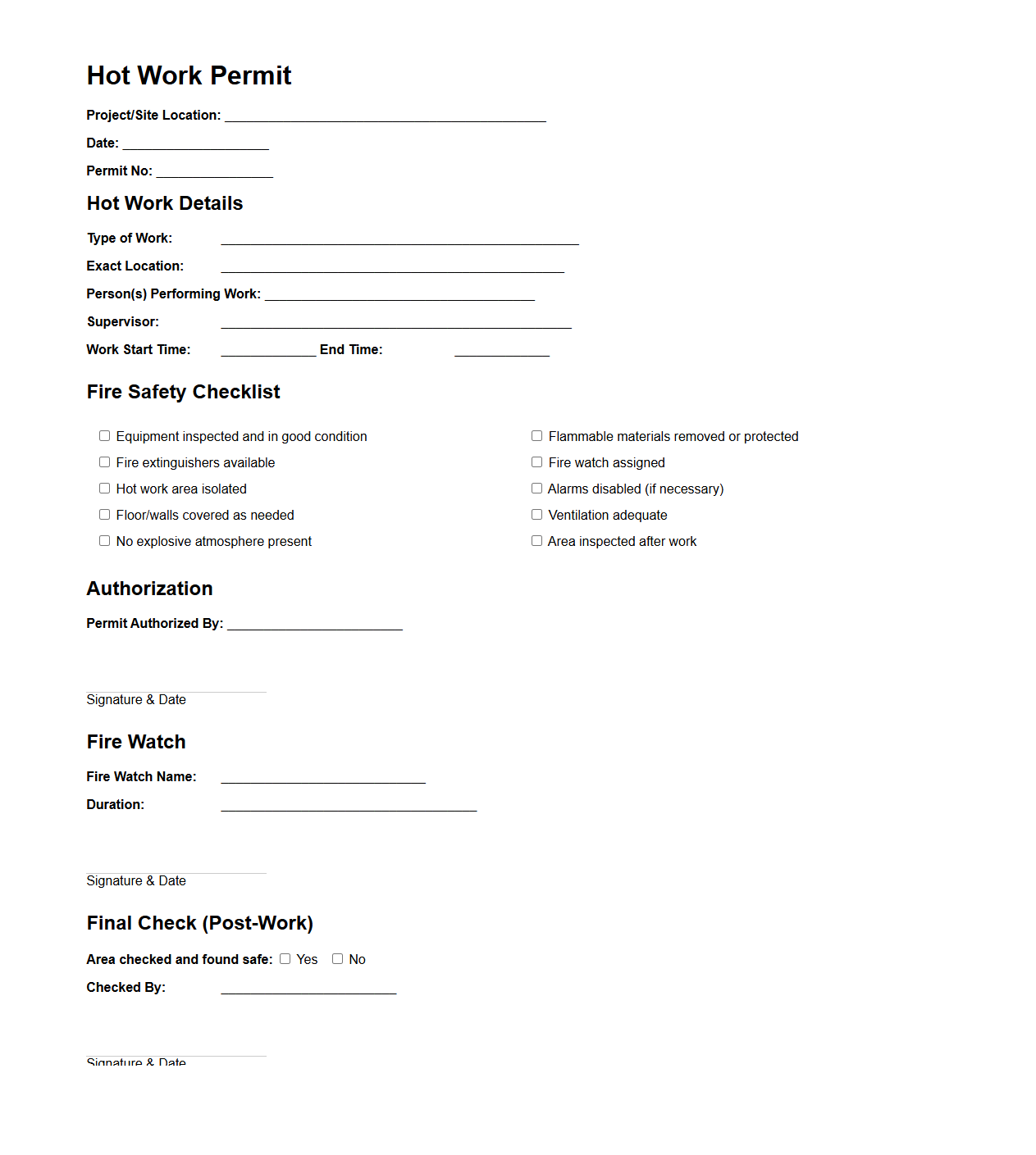 Hot Work Permit Sample for Construction Sites