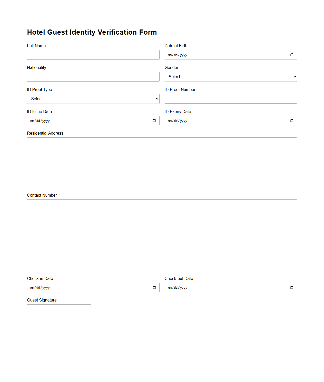 Hotel Guest Identity Verification Form