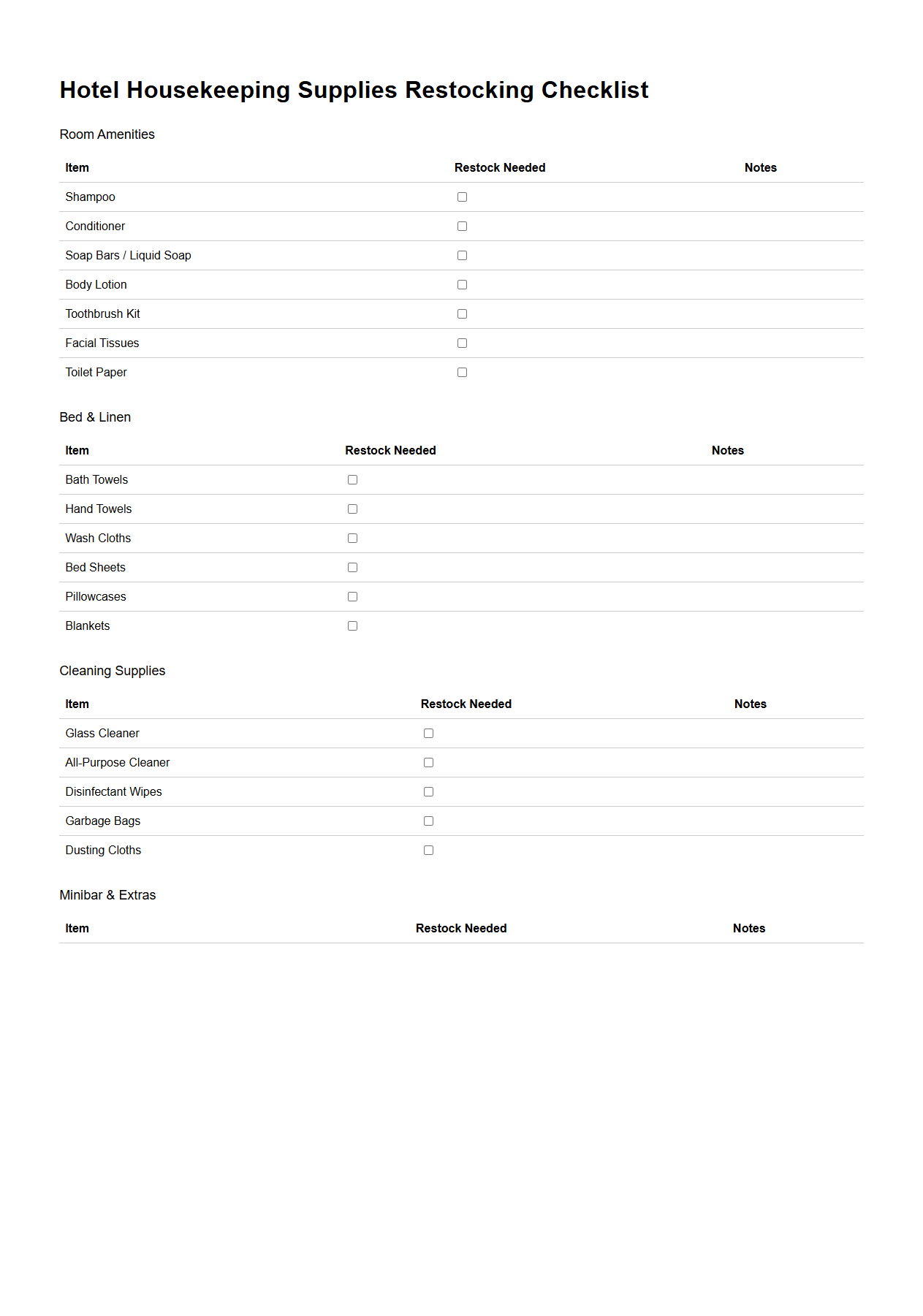 Hotel Housekeeping Supplies Restocking Checklist