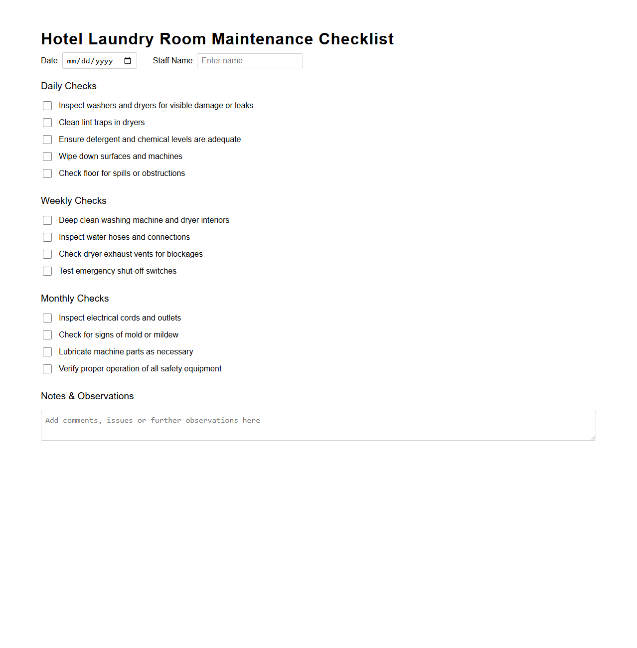 Hotel Laundry Room Maintenance Checklist