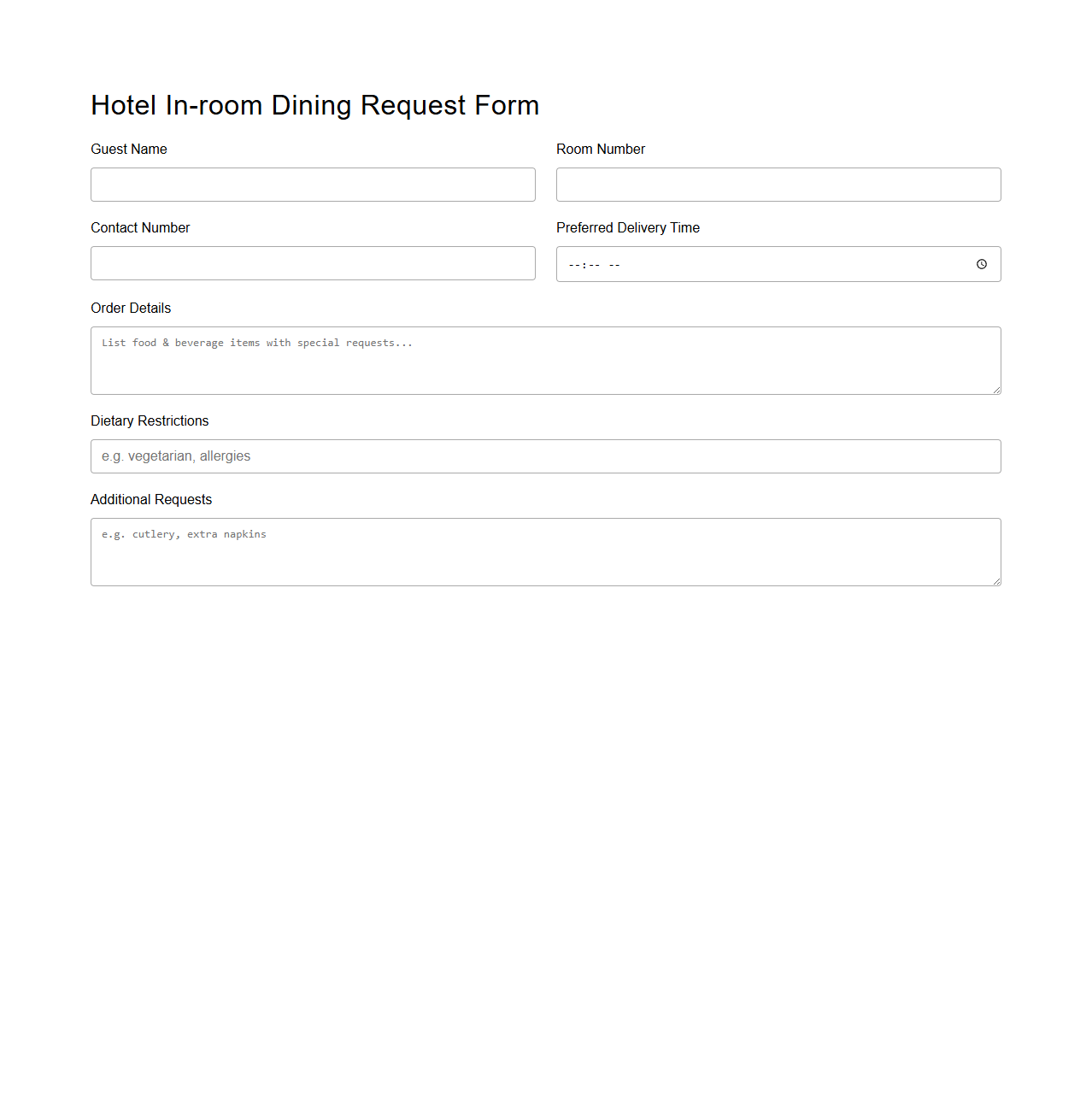 Hotel In-room Dining Request Form