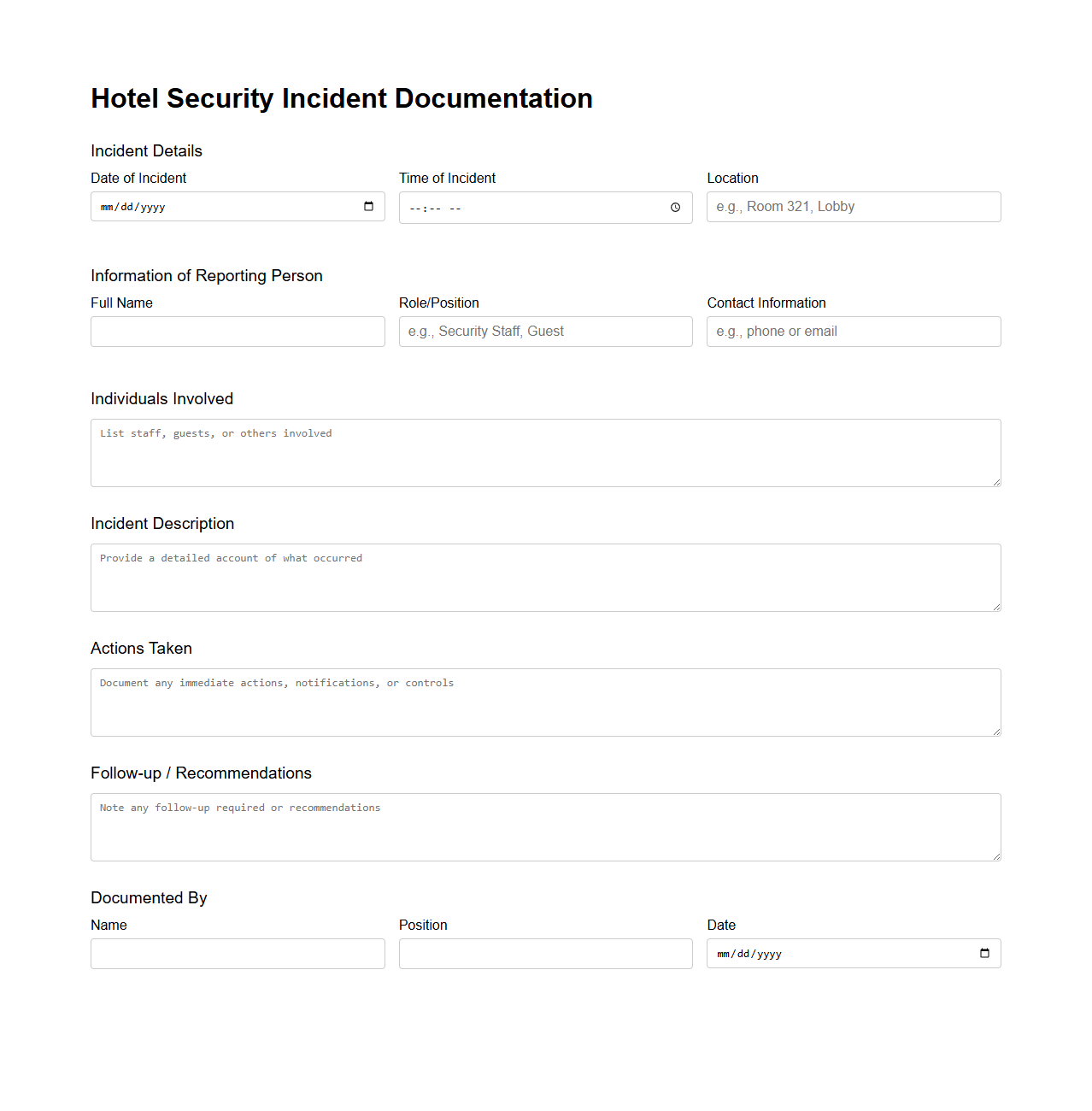 Hotel Security Incident Documentation Format