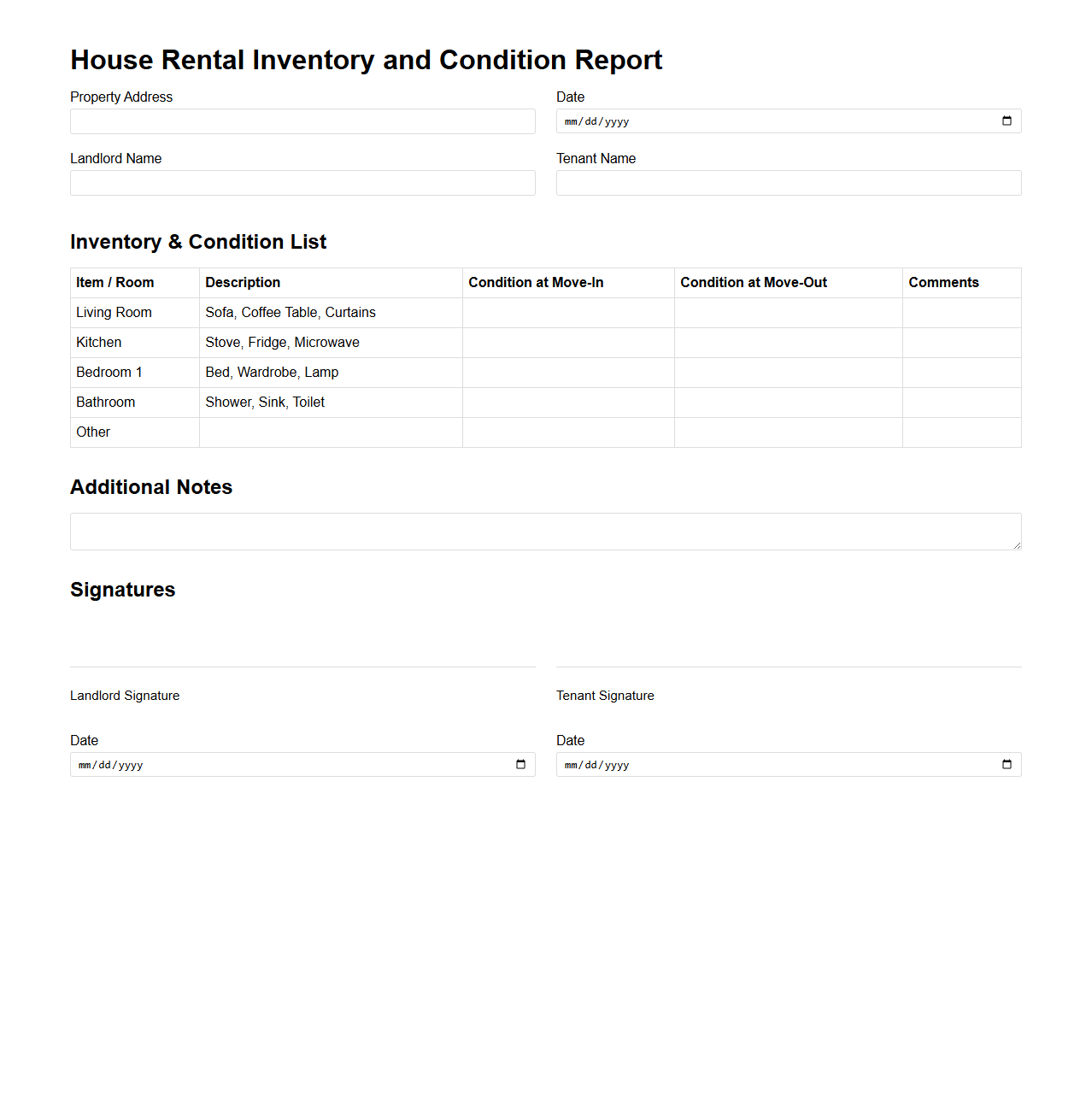 House Rental Inventory and Condition Report