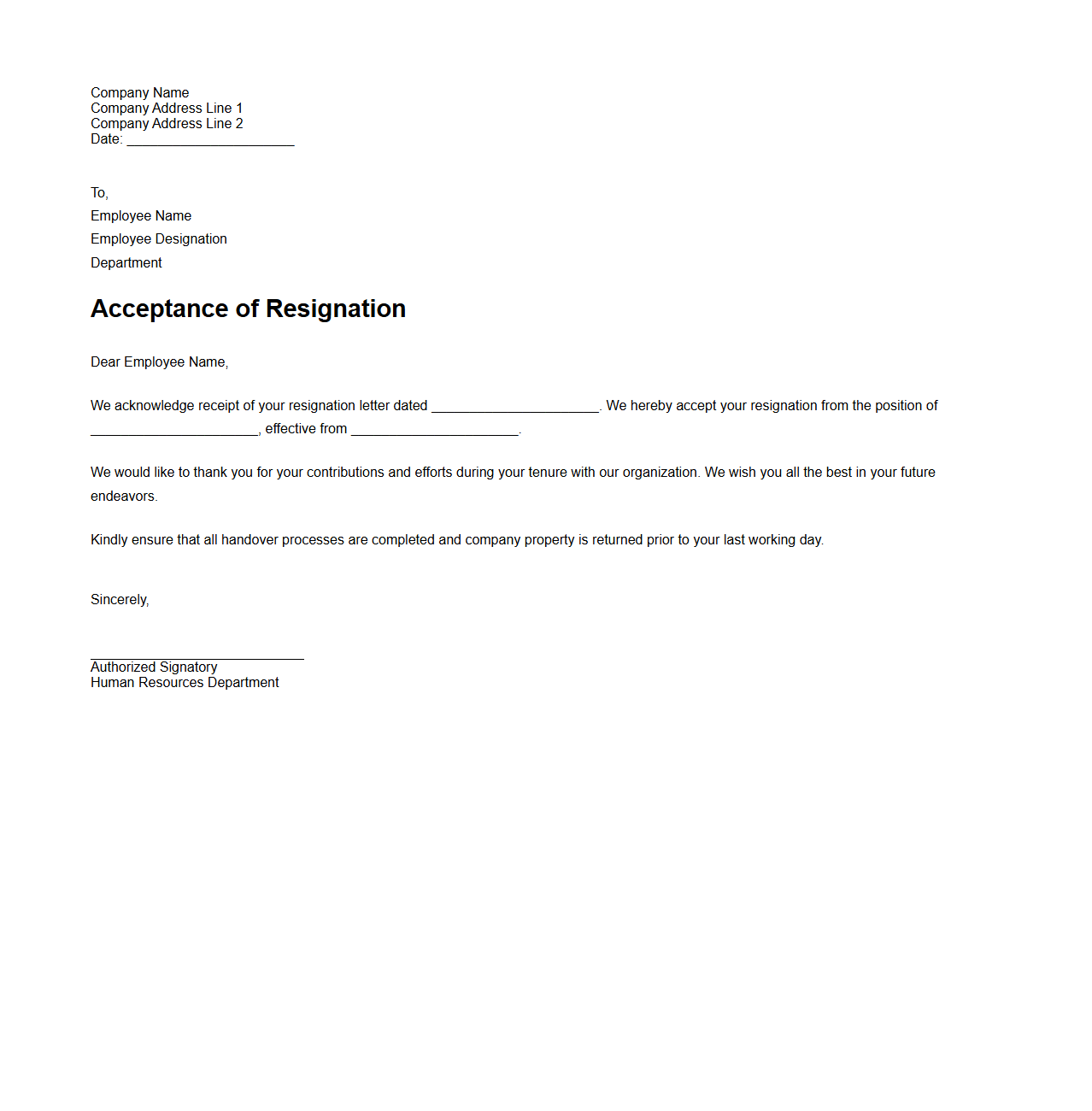 HR Acceptance of Resignation Sample