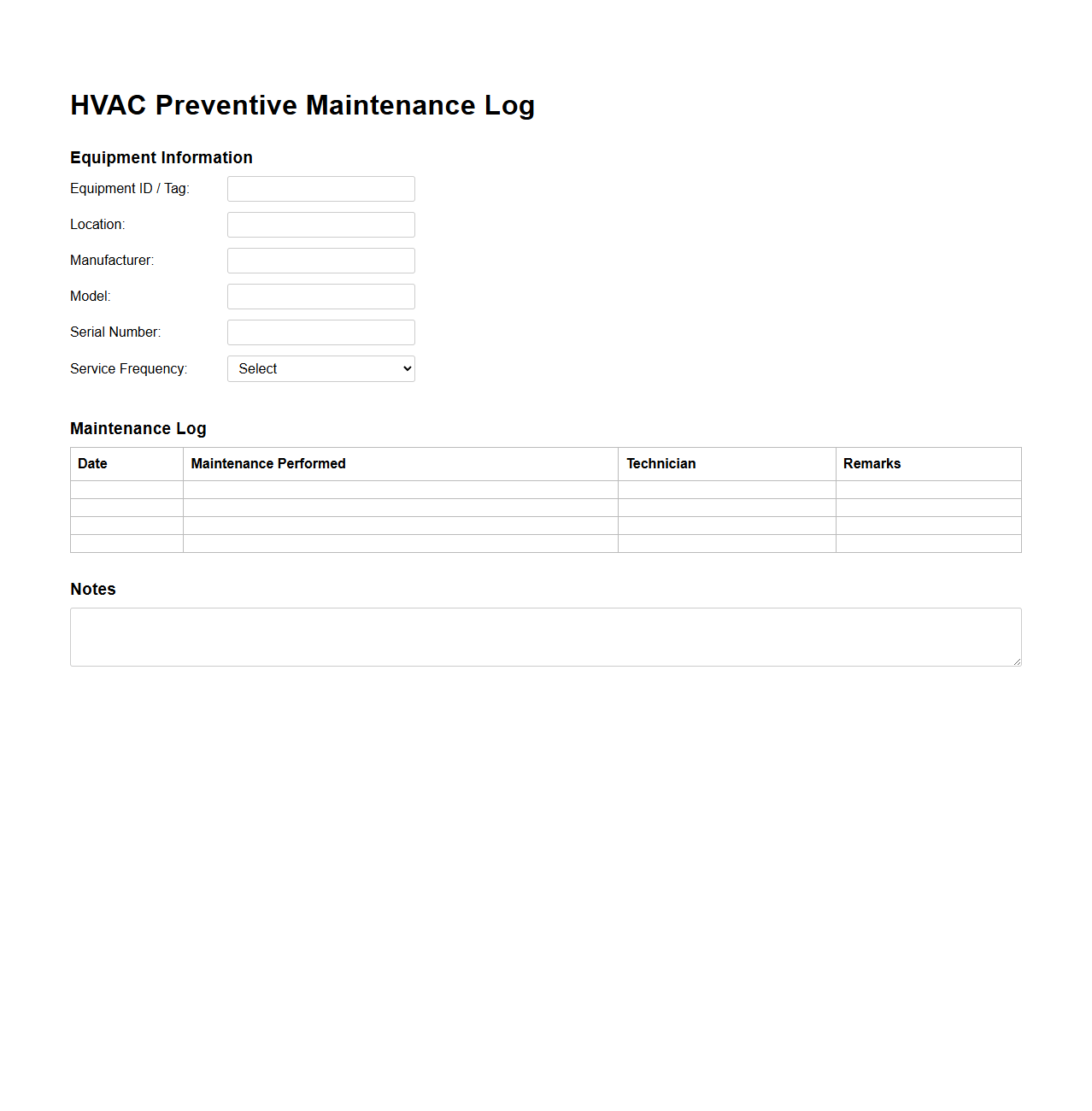 HVAC Preventive Maintenance Log Example