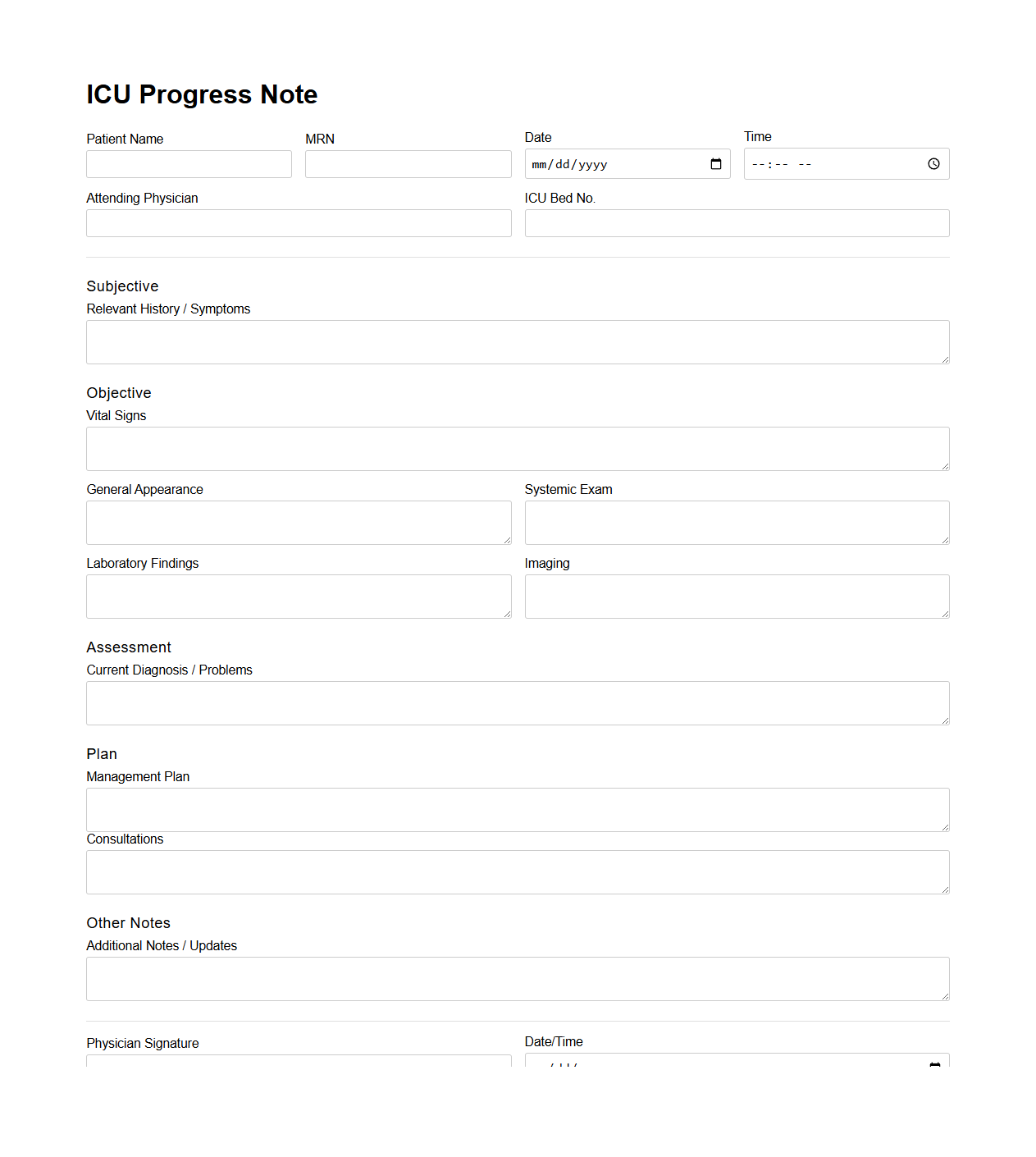 ICU Progress Note Document Example