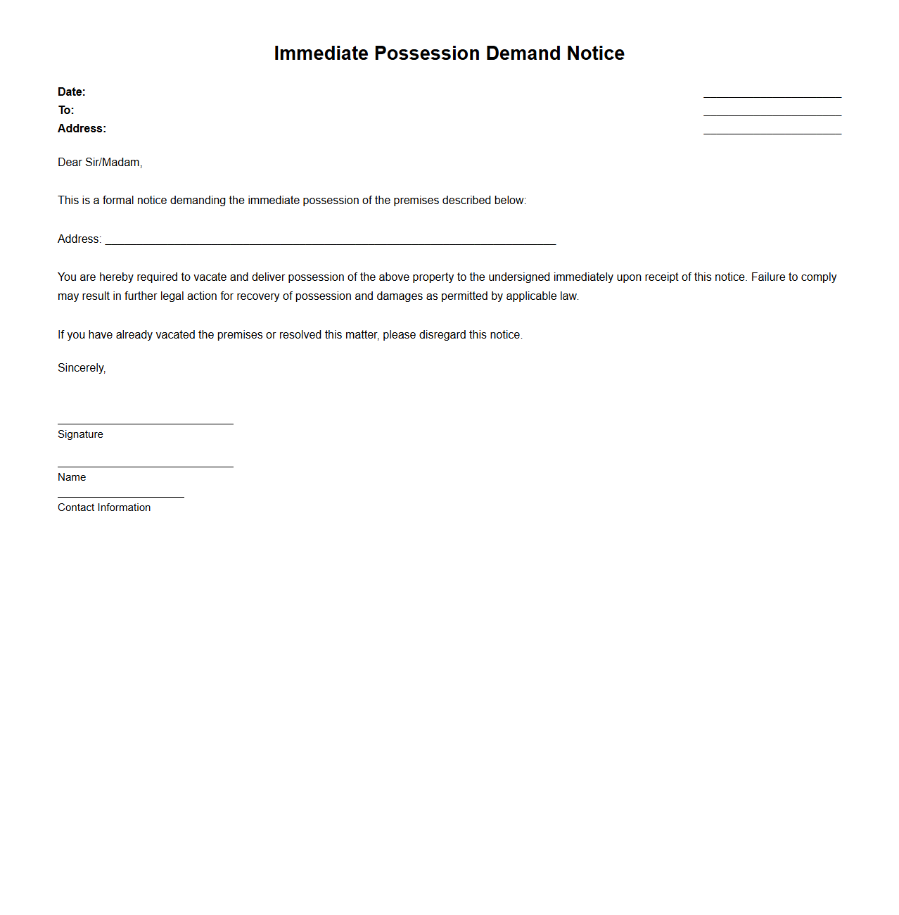 Immediate Possession Demand Notice