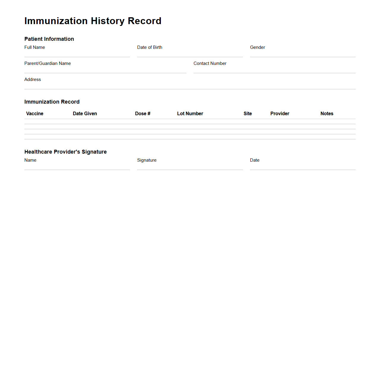 Immunization History Record Template