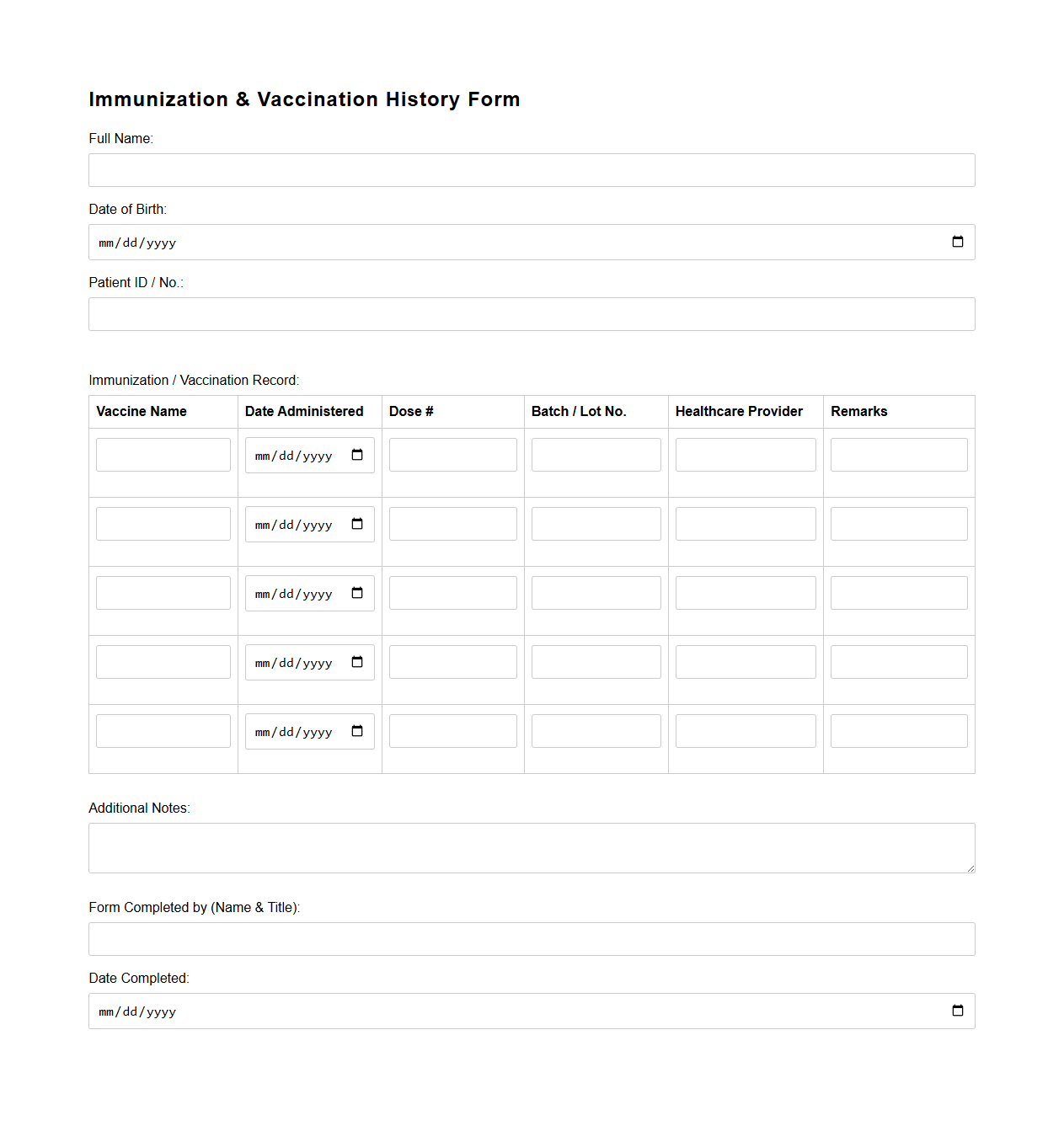 Immunization and Vaccination History Form