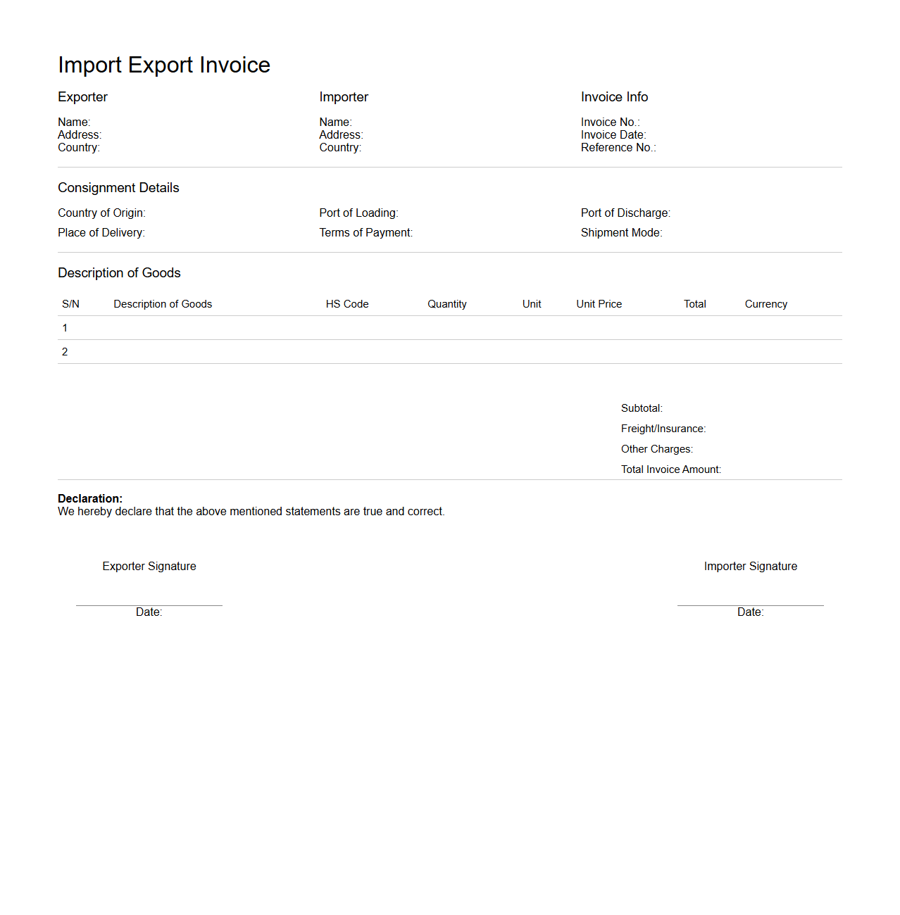Import Export Invoice Sample Form
