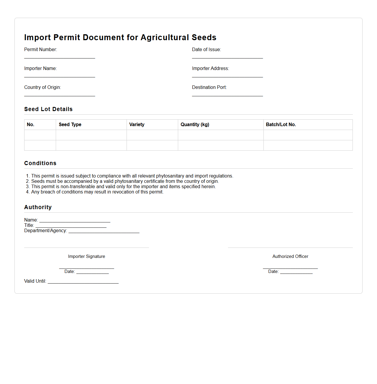 Import Permit Document for Agricultural Seeds