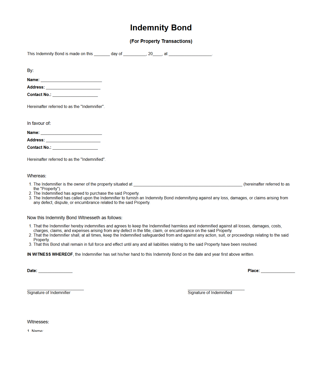 Indemnity Bond Sample for Property Transactions